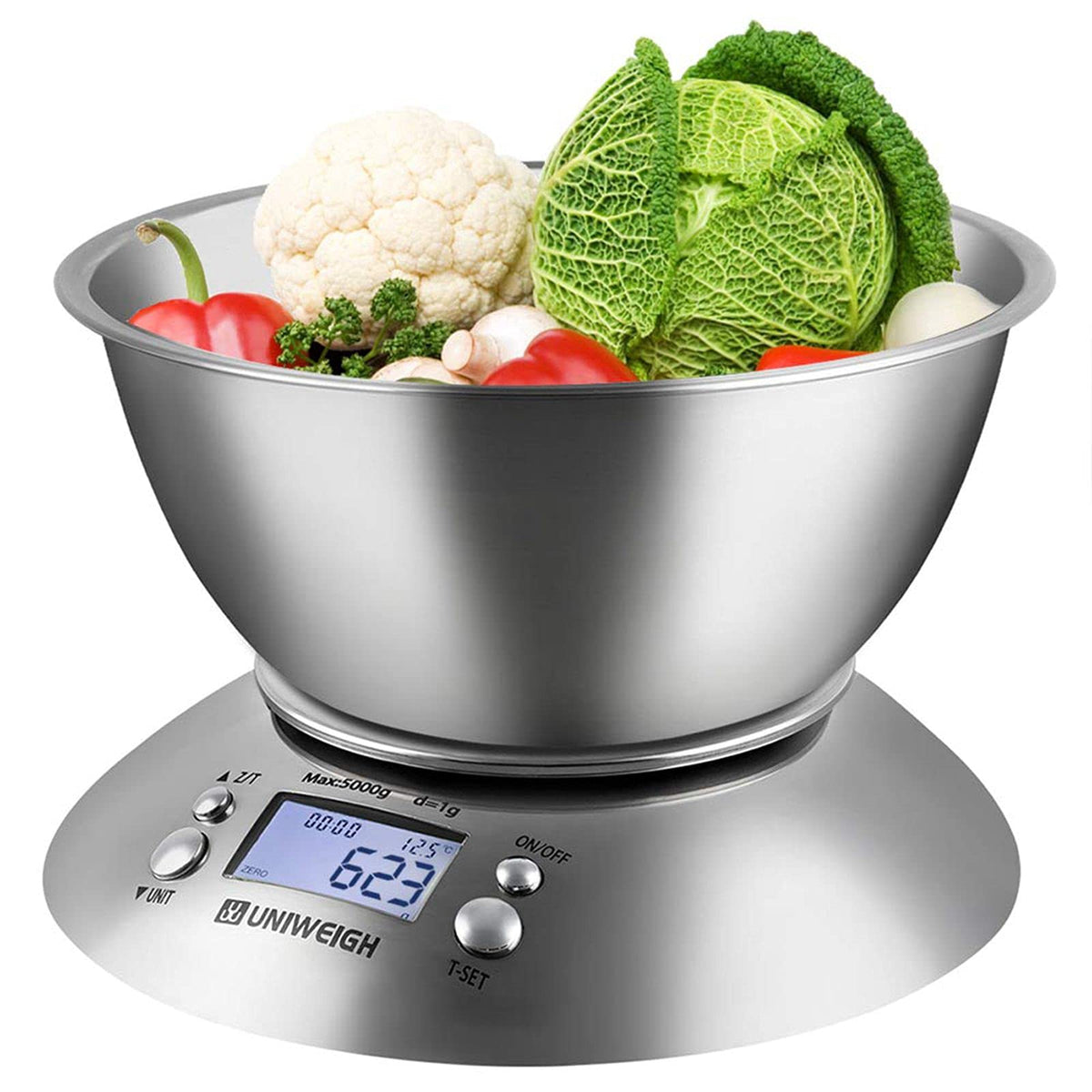 UNIWEIGH Food Kitchen Scale Bowl,Digital Gram and OZ for Cooking,Baking,Dieting,Weight Loss,with Removable Bowl 2.15L Volume, Room Temperature,Timer,