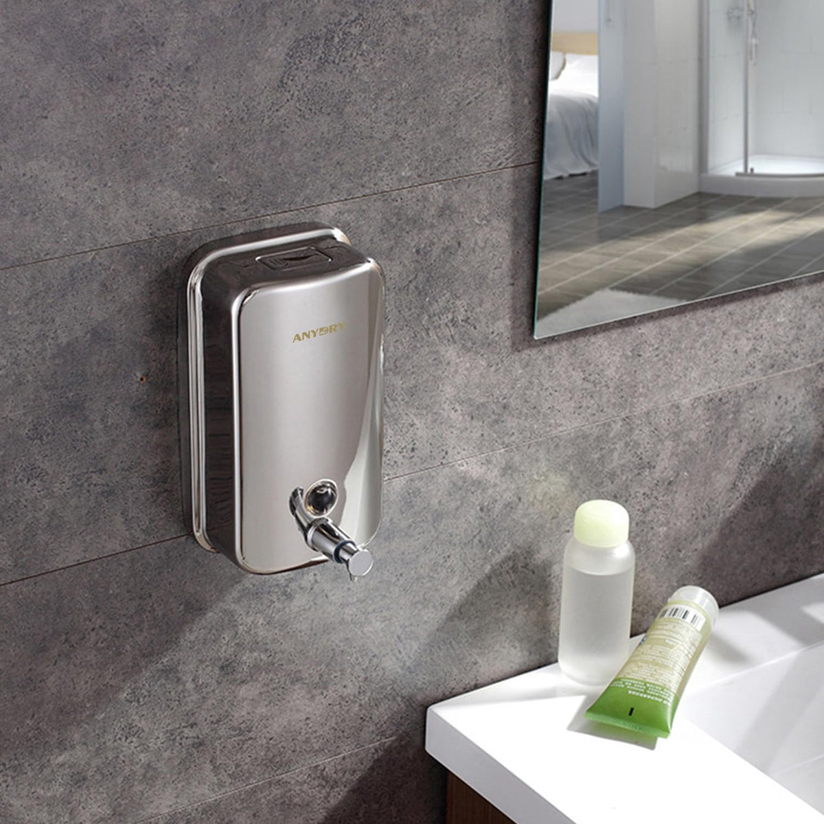 anydry Stainless Steel Wall-Mounted Manual Soap Dispenser, 500ml Capacity, Elegant Polished Design Dispenser