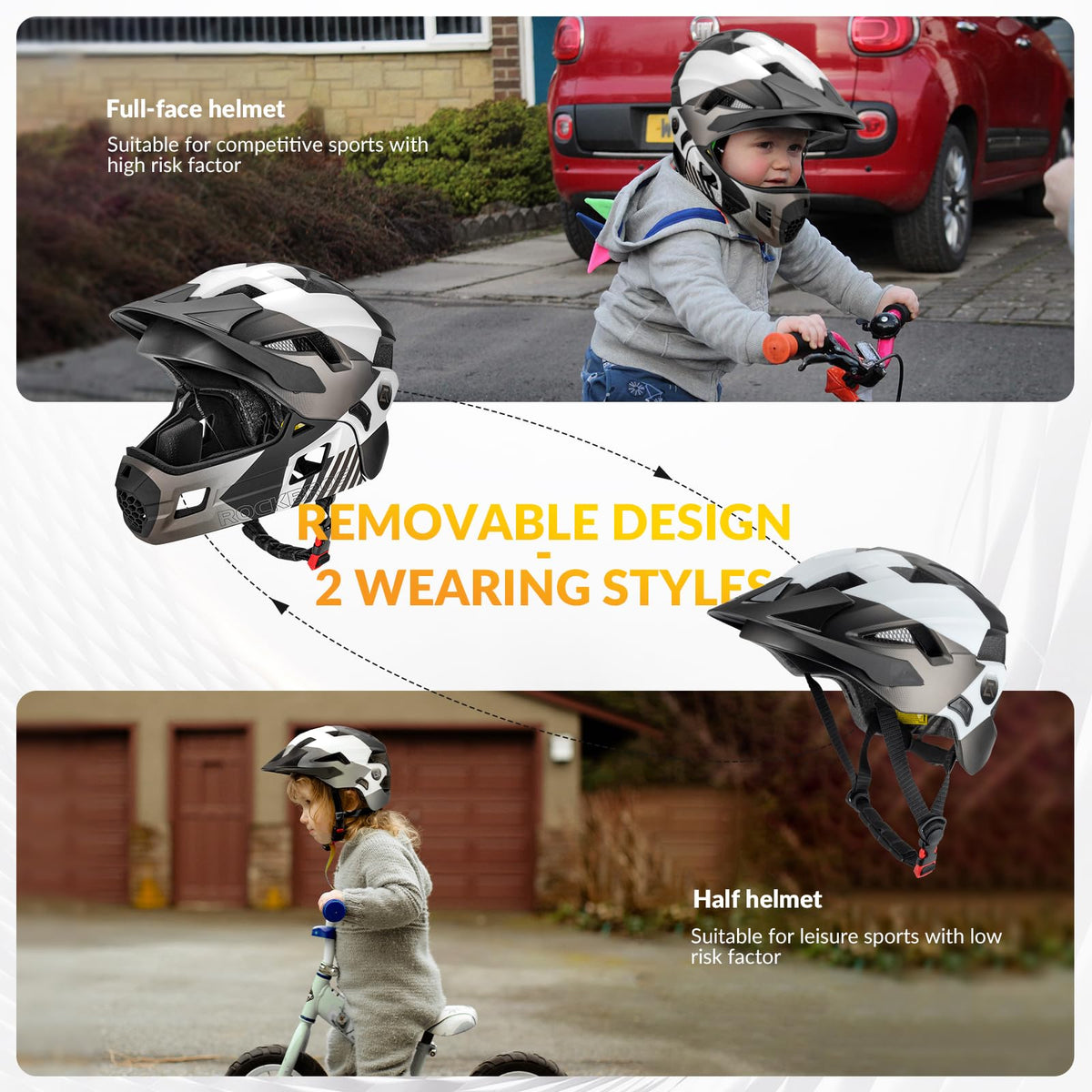 ROCKBROS Kids Helmet Toddlers Bike Helmet Full Face for Baby Child Youth BMX MTB Scooter Roller Skating Skateboard Adjustable Breathable Safety Crash
