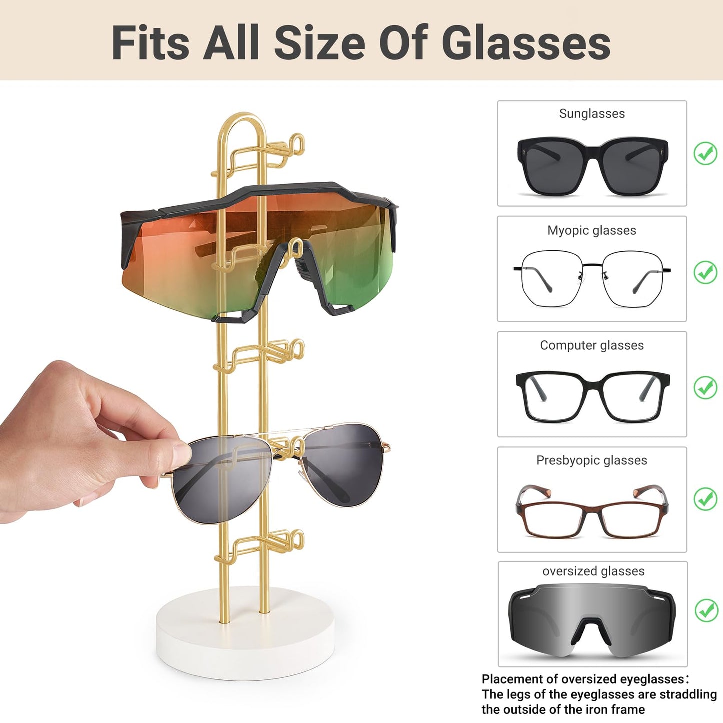 Mkono Sunglasses Organizer Glasses Holder Stand Sunglass Storage Eyeglasses Rack Metal Frame with Wood Base for 5 Pairs of Eyewear Display for Table