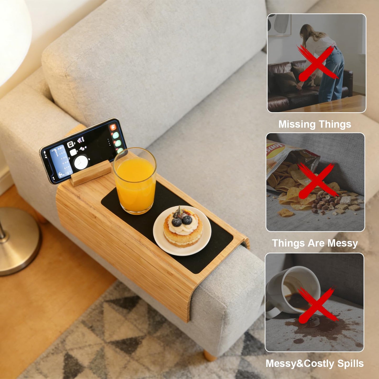 ULIKEUS Bamboo Sofa Armrest Tray Table with Rotating Mobile Holder Non Slip Foldable Couch Arm Table for Drinks Cup Cellphone Remote Snacks