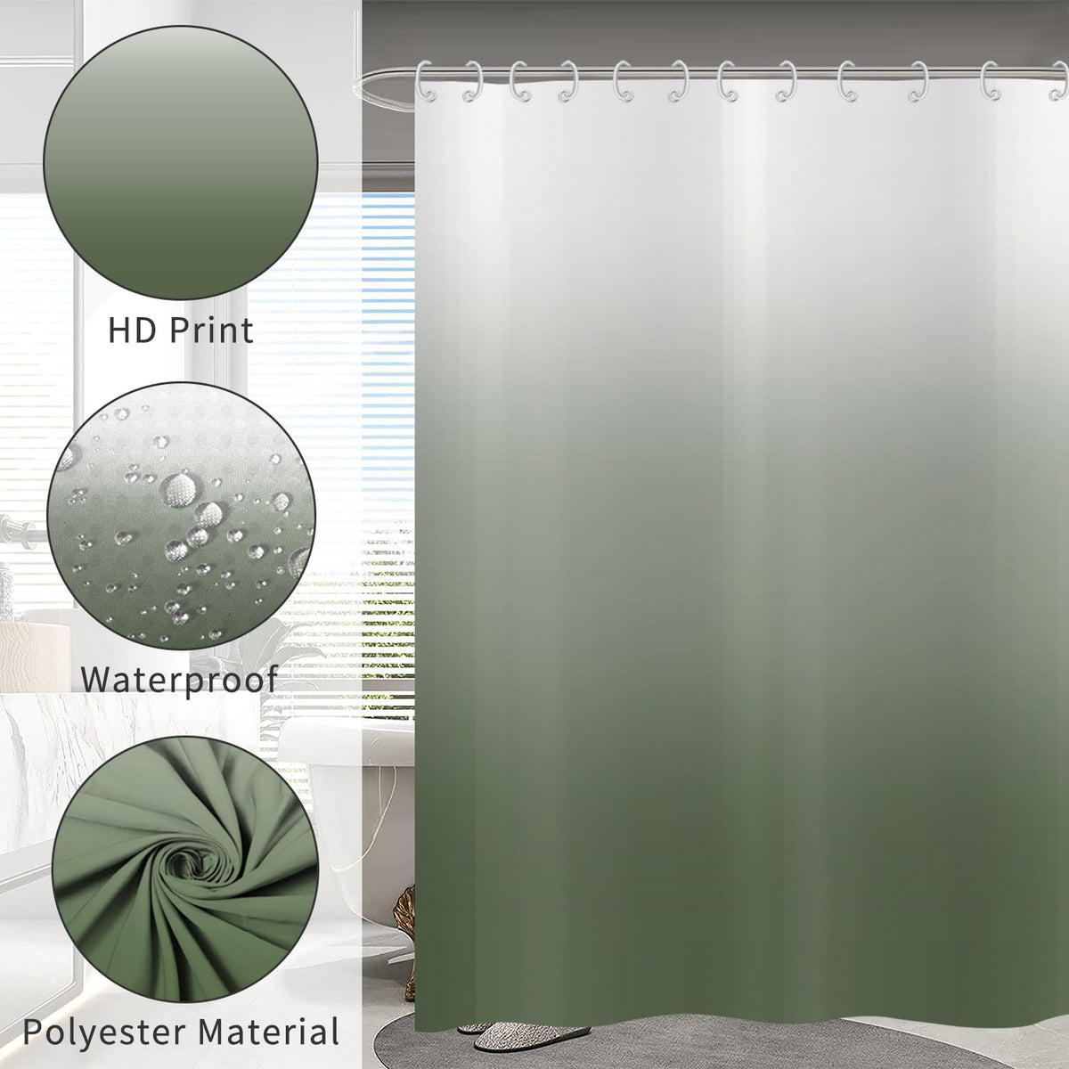 Hnmdmyi Sage Green Shower Curtain 180x200, Green and White Ombre Shower Curtains Elegant Modern Luxury Bathroom Curtains with Hooks Waterproof