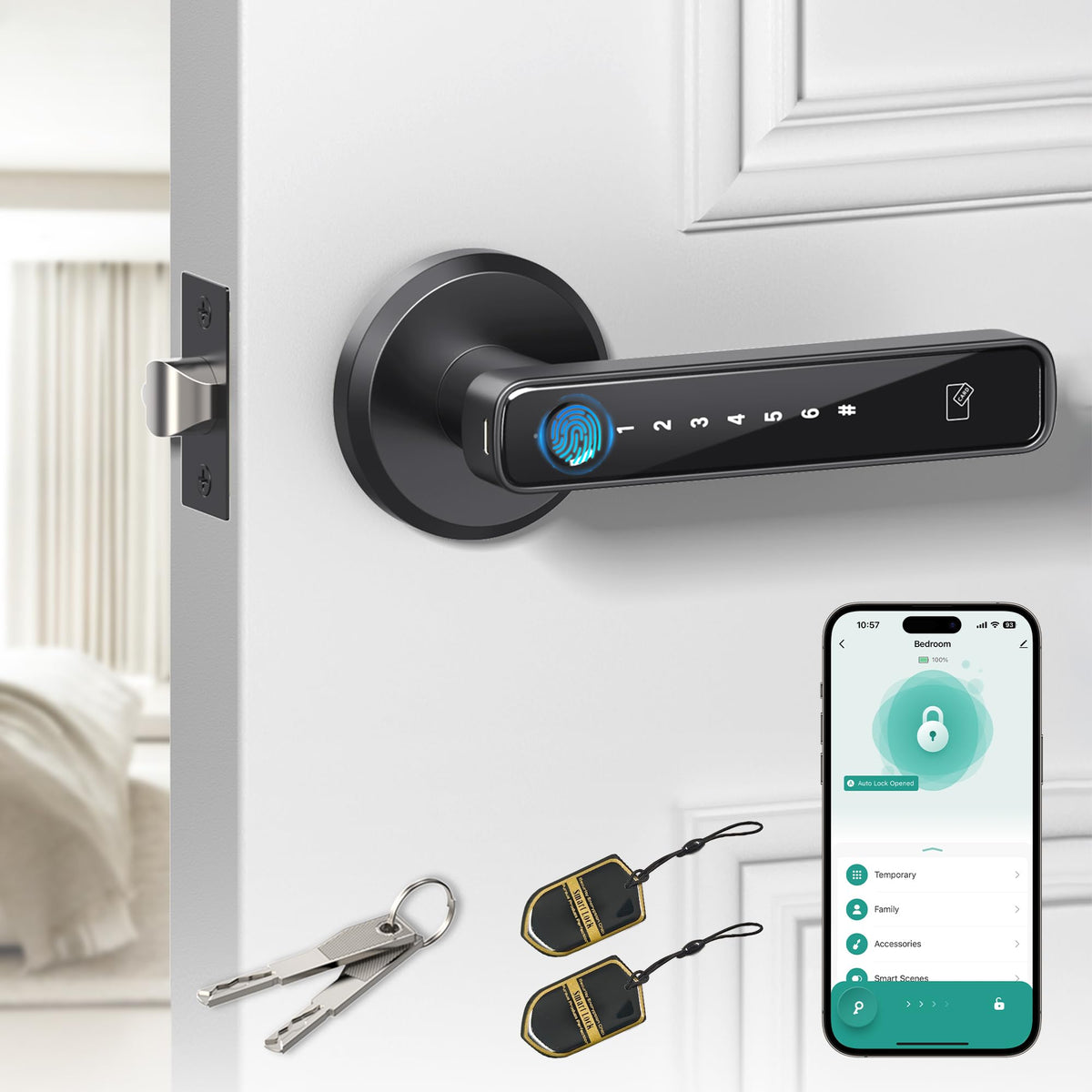 Amerdeco Smart Fingerprint Door Lock, Biometric Keyless Entry Door Lock with APP - Cards - Backup Key - Fingerprints - Codes for Bedroom Hotel Office