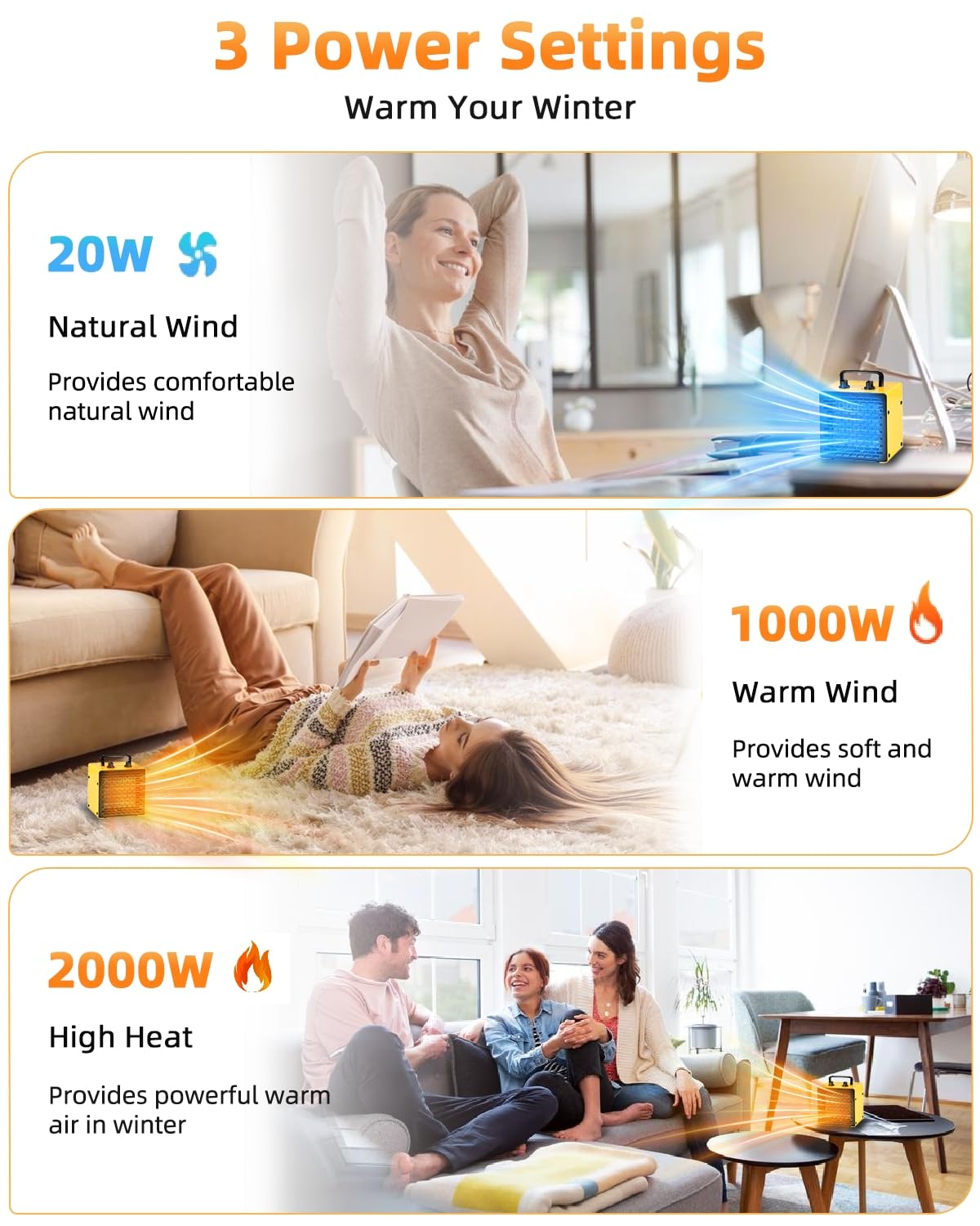 SIAL Portable Desk Electric Heater 2000W Ceramic Room Fan Space Heater 3 Settings&Adjustable Thermostat - Yellow