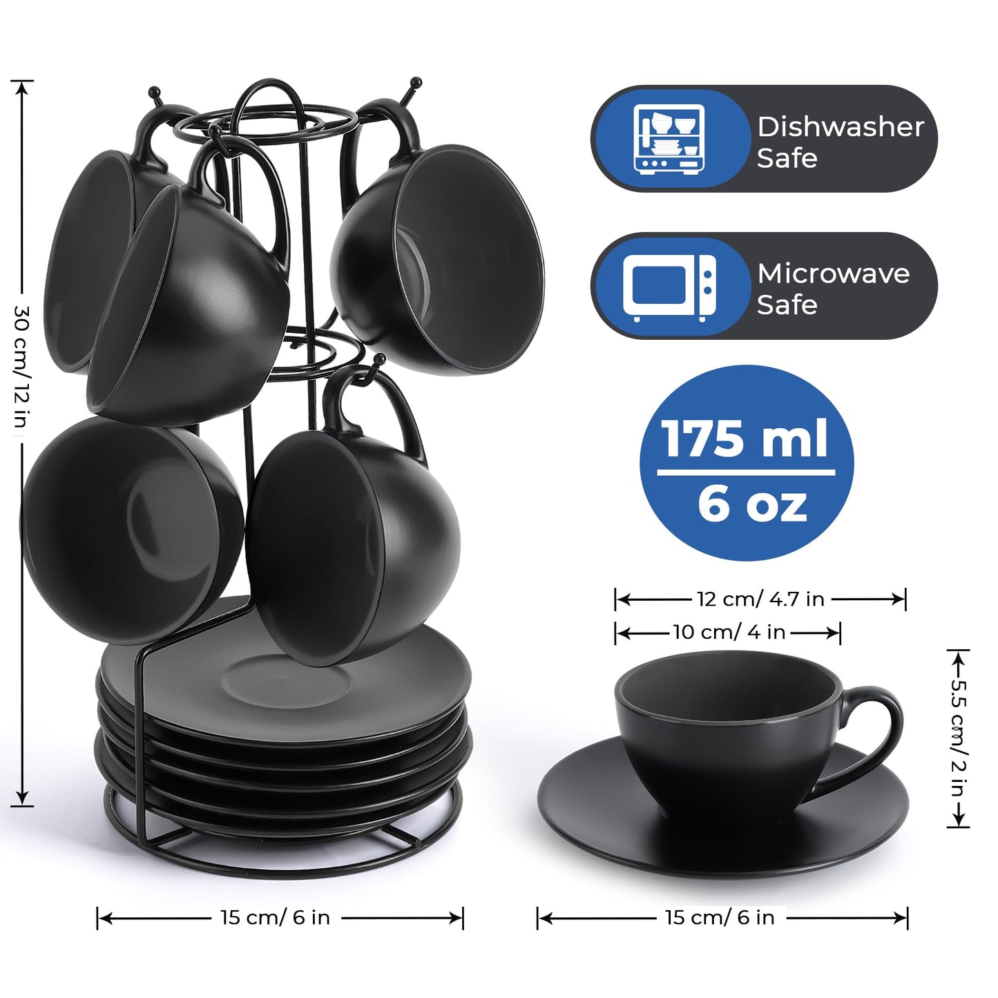 MIAMIO - Set of 6, Ceramic Stackable Cappuccino Cups Set / 175 ml Cappuccino Mugs and Saucer with Metal Stand for Coffee Drinks, Cappuccino, Latte,