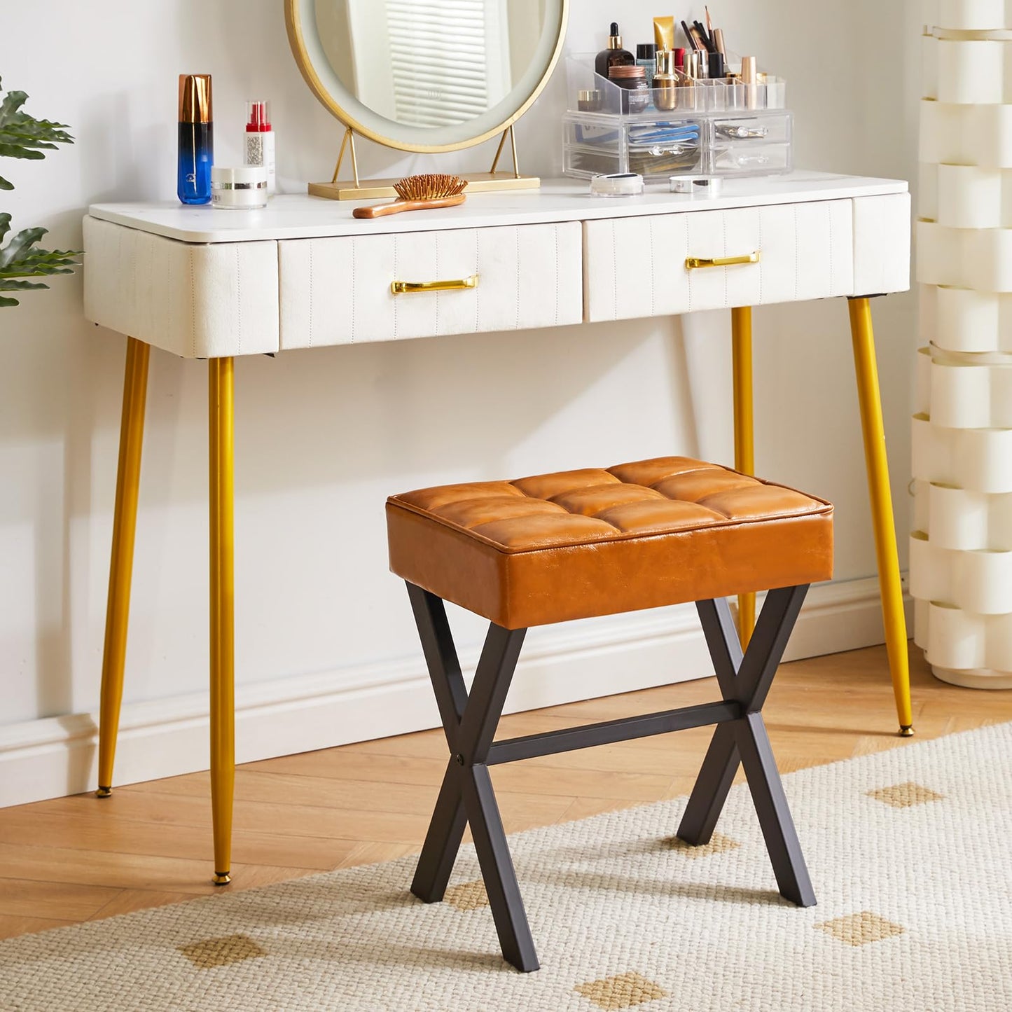 IBUYKE Square Makeup Stool with X-Leg, PU Vanity Chair, Light Brown L/G-71J