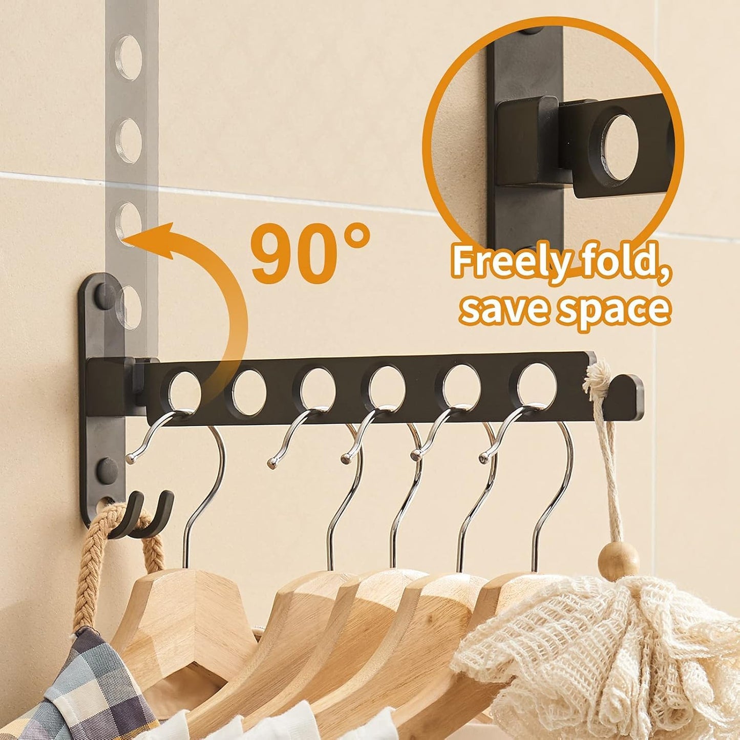 JOOM Foldable Wall Mounted Clothes Hanger Rack, Space Saving, Black