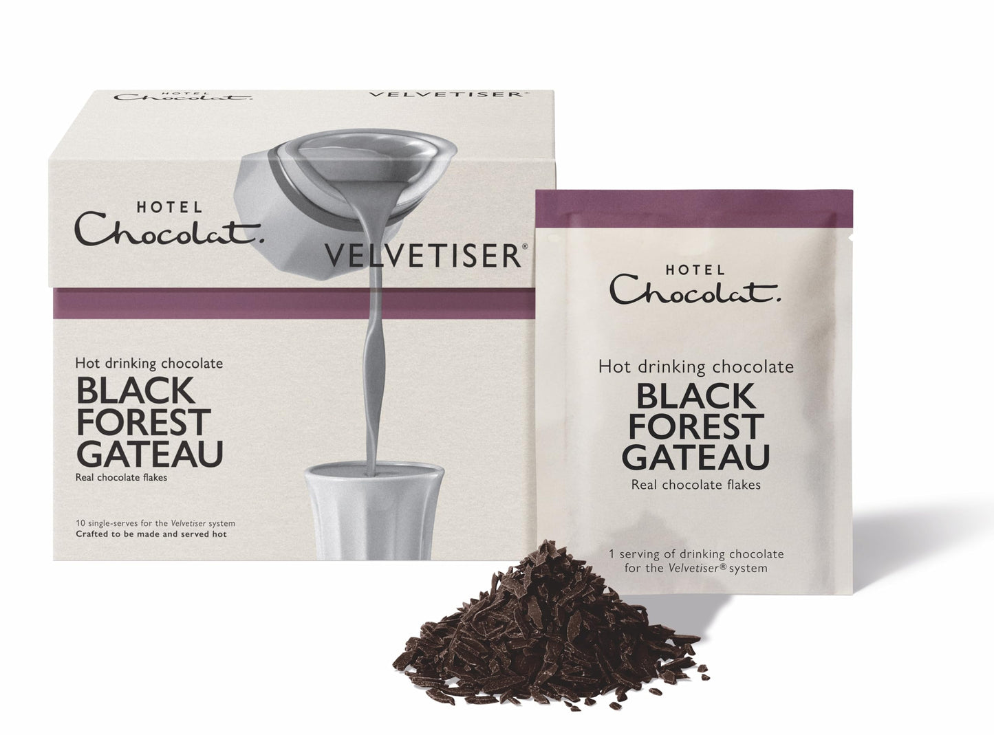Hotel Chocolat Black Forest Gateau Hot Chocolate Sachets - Luxury Chocolate Flakes - Pack of 10 Single-Serve Sachets, 310g - Suitable for Vegetarians