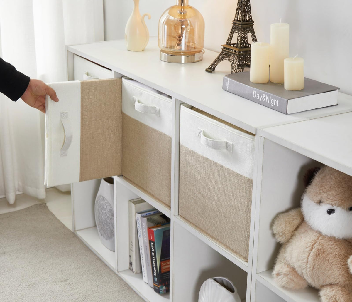 SOCOHOME Fabric Cube Storage Boxes,25x25x25cm Foldable Storage Baskets for Toys Clothes Shelf Nursery Closet(Light Khaki/Creamy White, Set of 4)