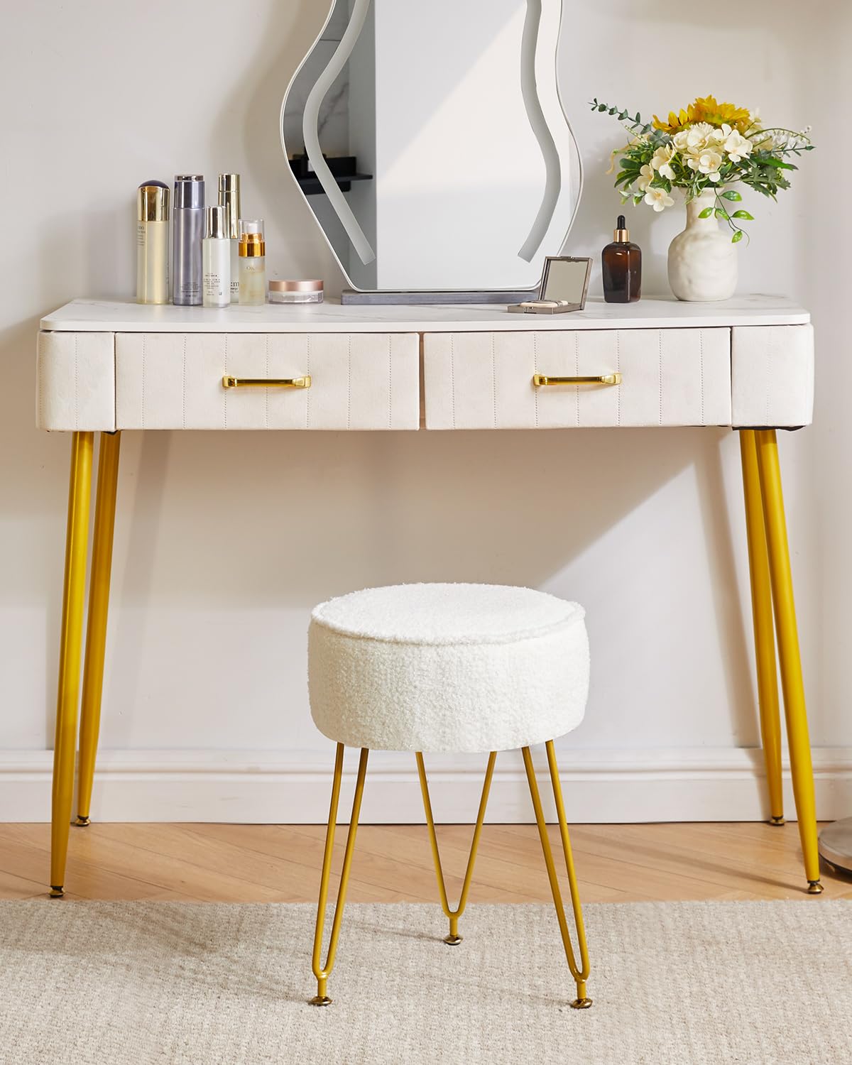 IBUYKE Makeup Vanity Stool Chair, Teddy Velvet Footrest, White WBD009W