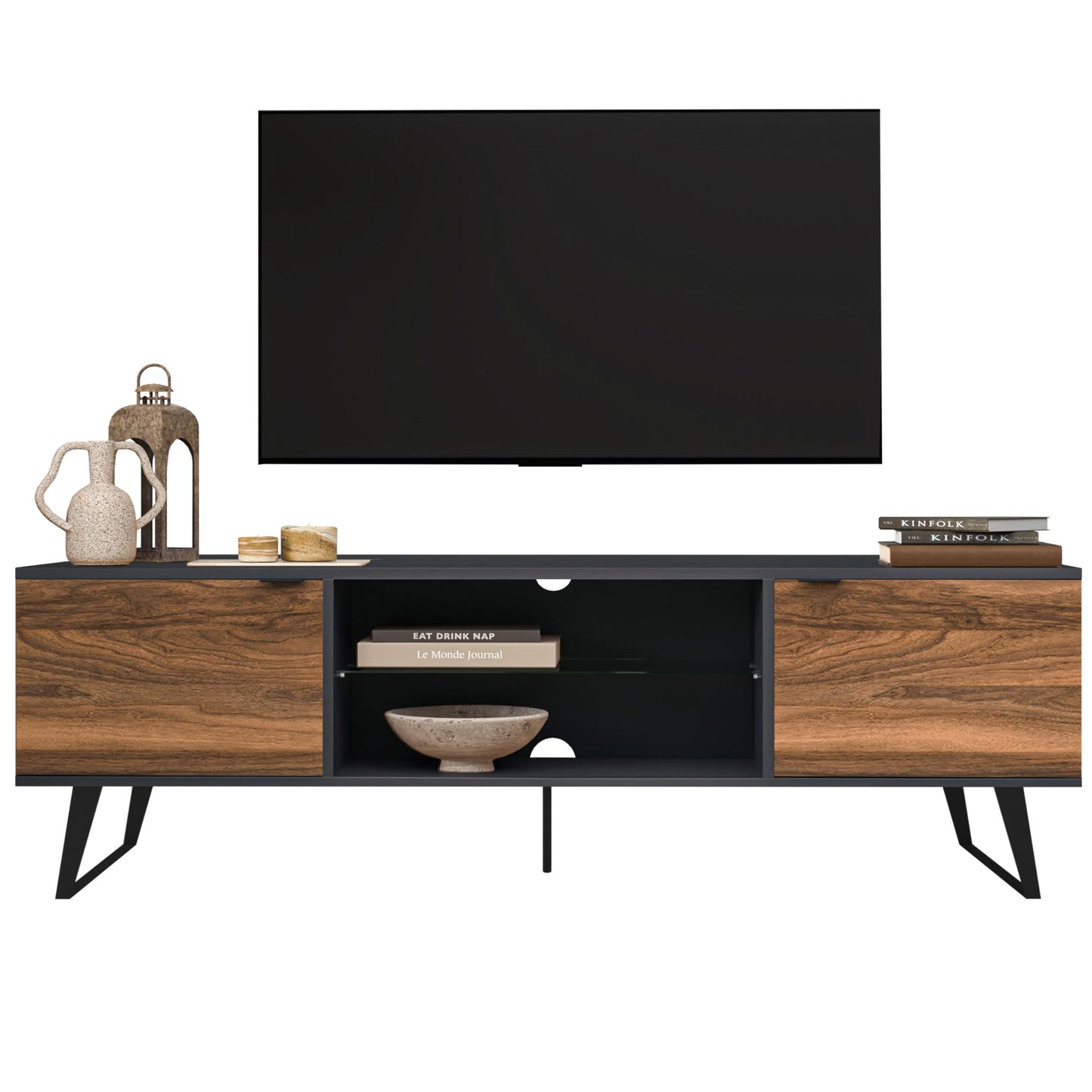Uniqtrio TV Stand Cabinet | Walnut TV Unit with Glass Shelf | TV Cabinet | TV Stand Unit | TV Units for Living Room | TV Table |Soft Closing Hinges