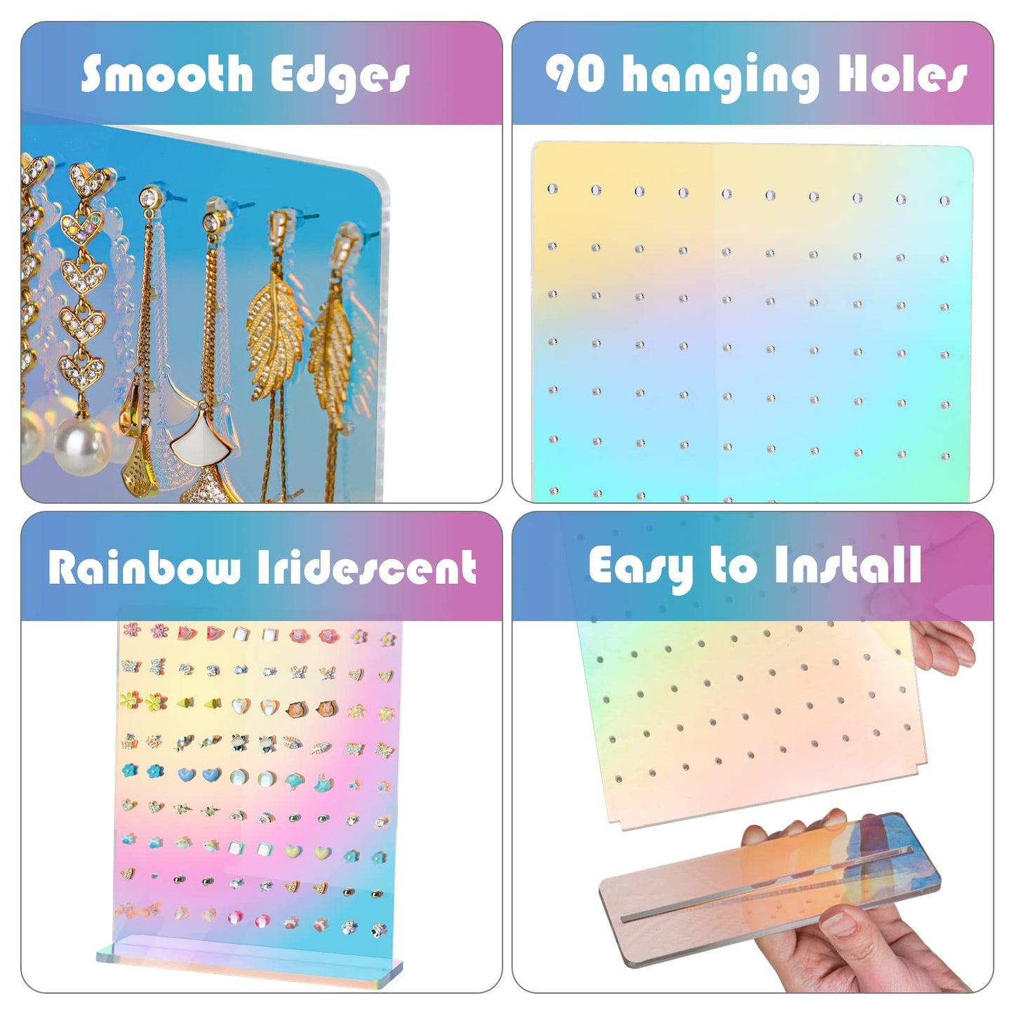 NiHome Iridescent Earrings Holder Display 90 Holes Rainbow Iridescent Ear Studs Jewelry Show Rack Set of 3 Stand Organizer Holder Acrylic Earring