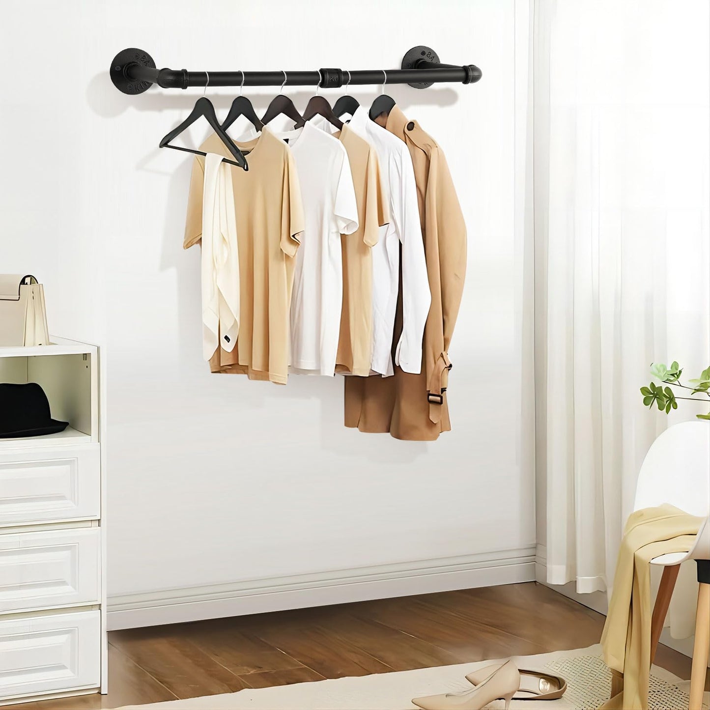 Yawinhe Industrial Pipe Wall Mount Rack, 97cm Space Saving Heavy Duty Clothes Hanger, Hanging Rail for Laundry, Living Room and Closet, Black, 2 Pack
