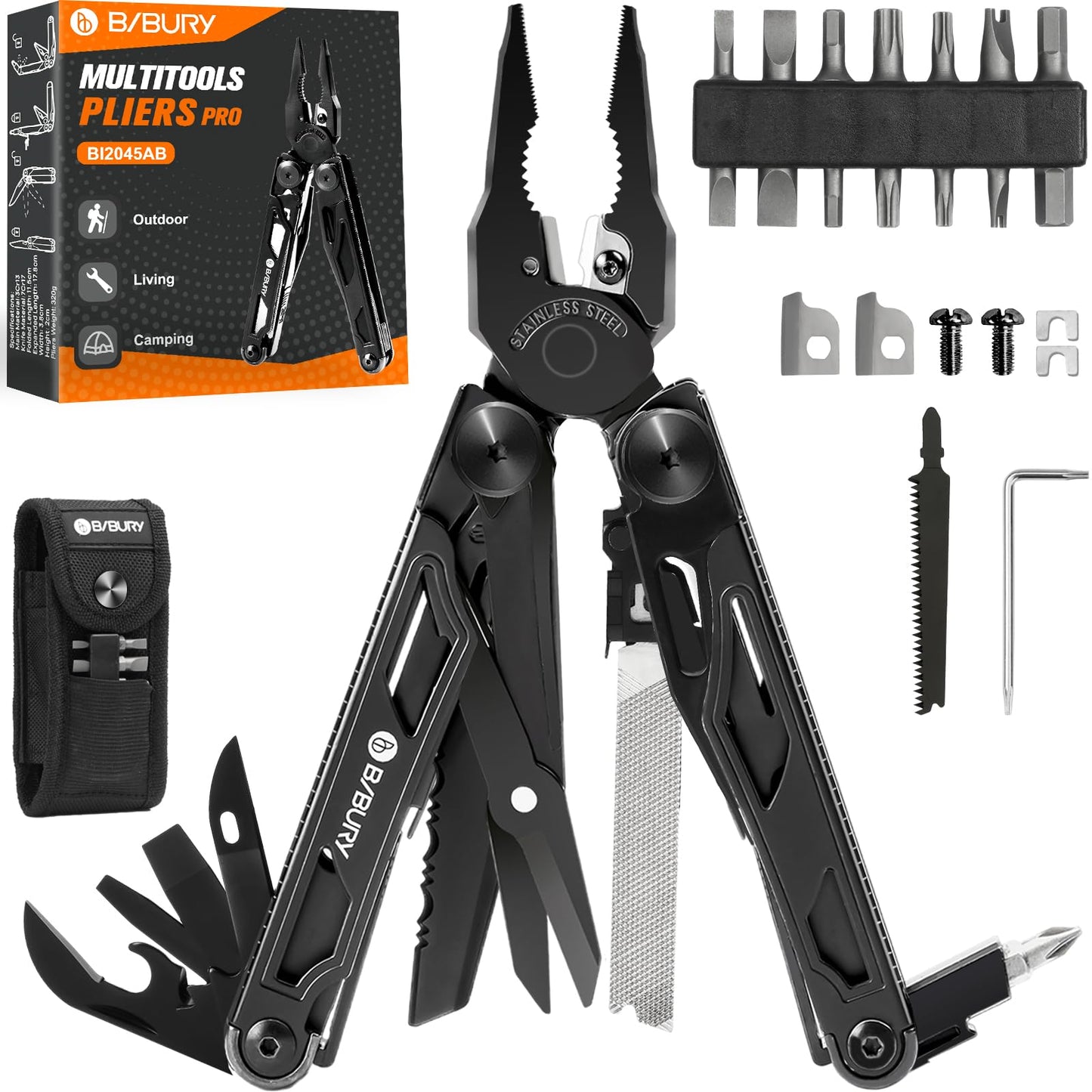 BIBURY Multitools, Multi Tool Foldable Pliers with Upgraded Scissors and Screwdriver Set, Stainless Steel Pocket Tool- Pro, Ideal for Camping,