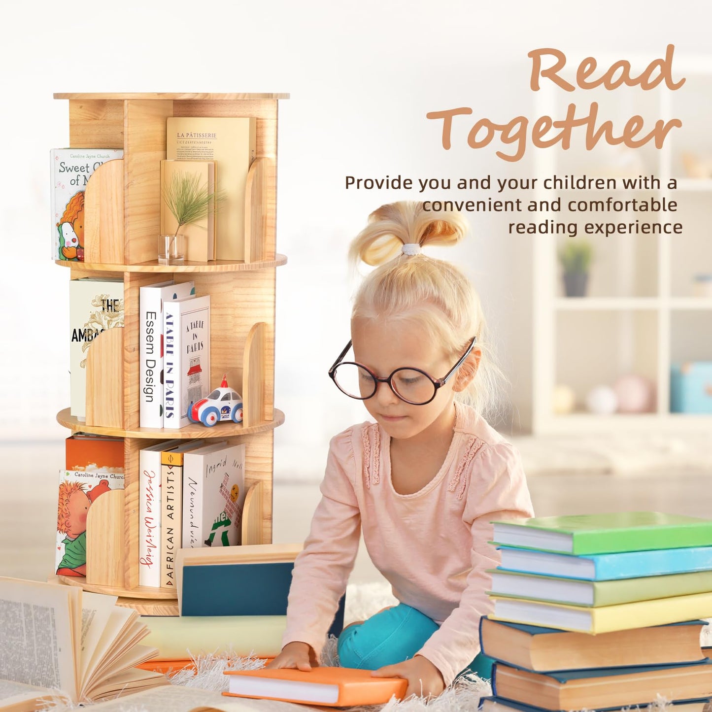OOOK Solid Wood Rotating Bookshelf, 360 Degree 3 Tier Children's Revolving Bookcase, Kids Bookshelf for Small Space, Kids Room, Study, Nursery