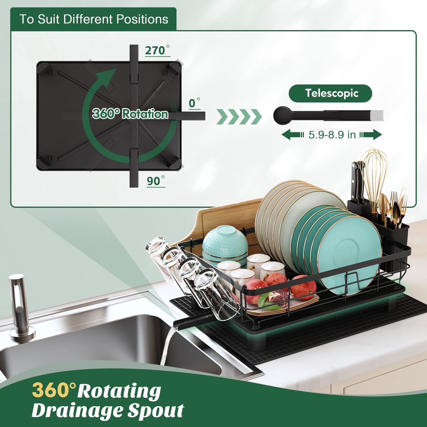 MAJALiS Dish Drainer Rack with Drip Tray, Dish Drainer with 360 Swivel Spout and Drainer Mat, Stainless Steel Dish Rack with Cup Holder and Cutting
