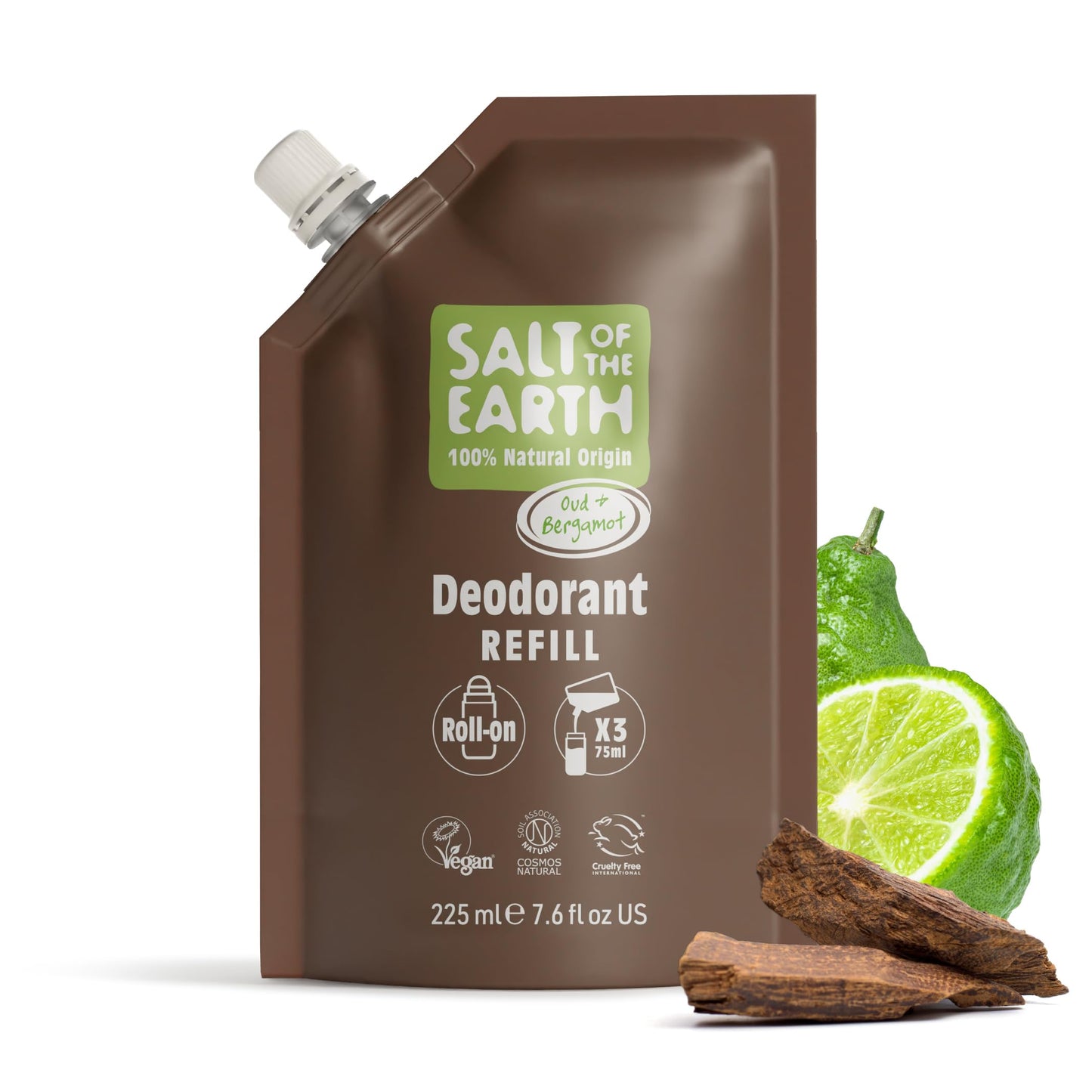 Salt of the Earth - Natural Deodorant Roll On Refill Pouch, x3 Uses - Oud & Bergamot - Vegan, Long Lasting Protection, Leaping Bunny Approved, Made in