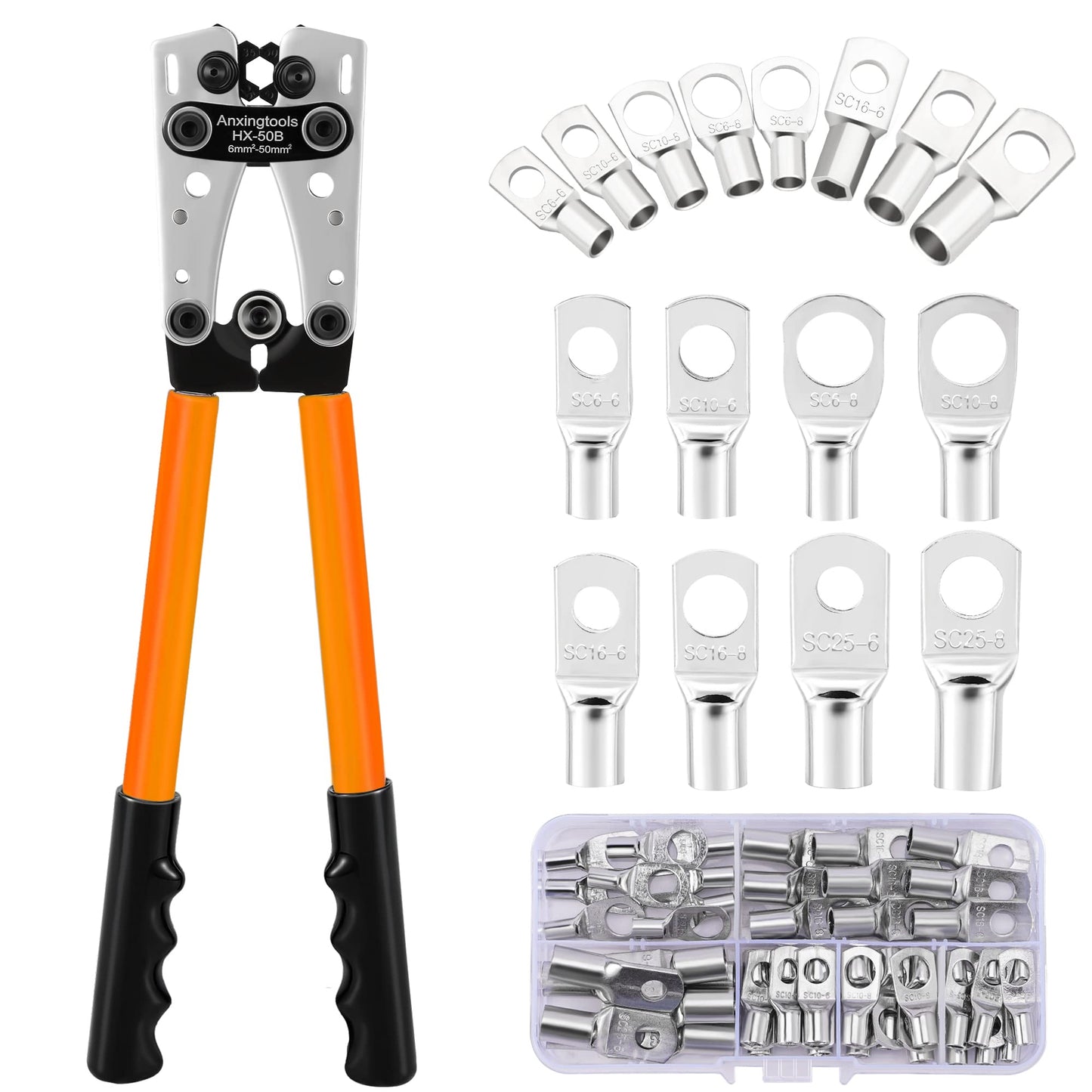 Battery Cable Crimping Tool for 6/10/16/25/35/50 mm? Battery Copper Ring Terminals,Copper Lugs, Heavy Duty Crimper for Wire Lugs (HX50B