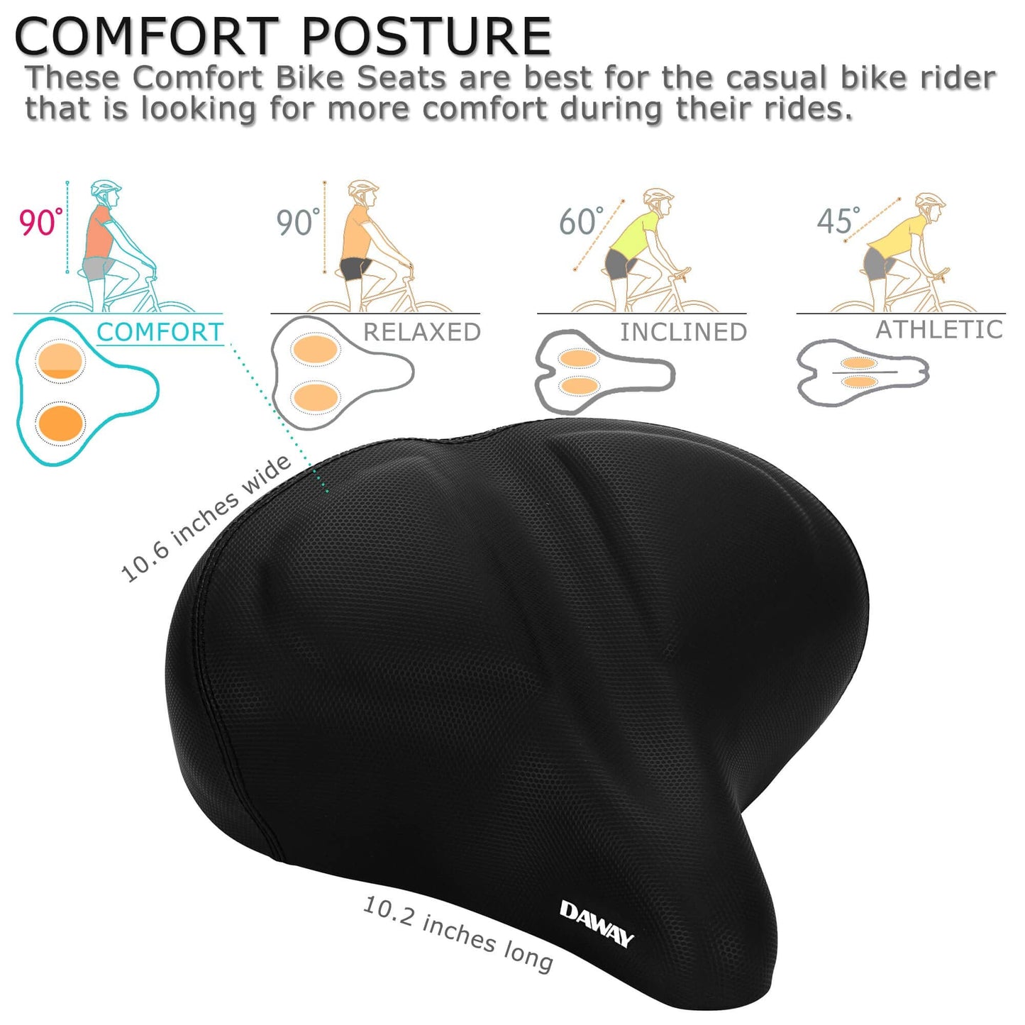 DAWAY C40 Ultra-Comfortable Oversized Bike Seat - Memory Foam Padded, Extra Wide Soft Bicycle Saddle for Men Women Seniors - Fit for Peloton, Cruiser,