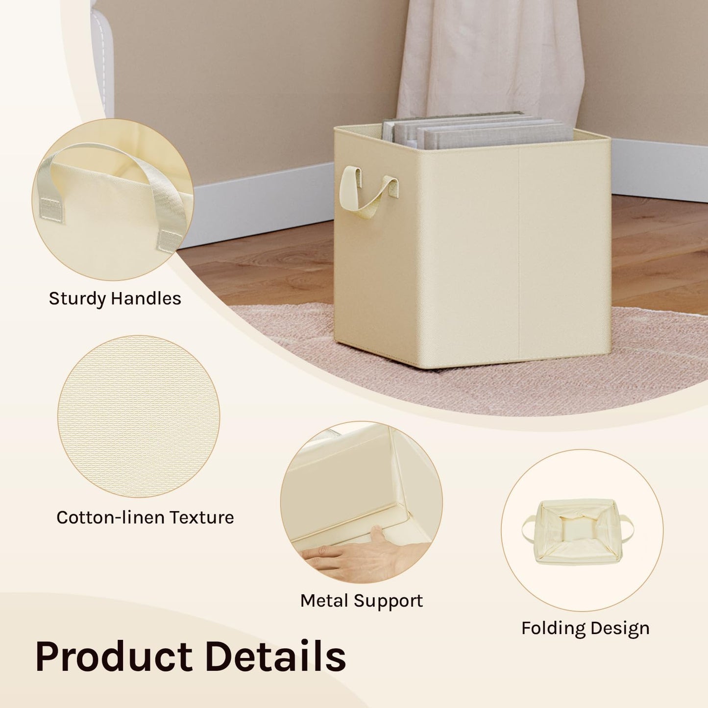 WOLTU Fabric Storage Boxes Set of 5, Collapsible Cube Baskets with Handles and Metal Frame, Wardrobe Organisers for Bedroom, Living Room, Study