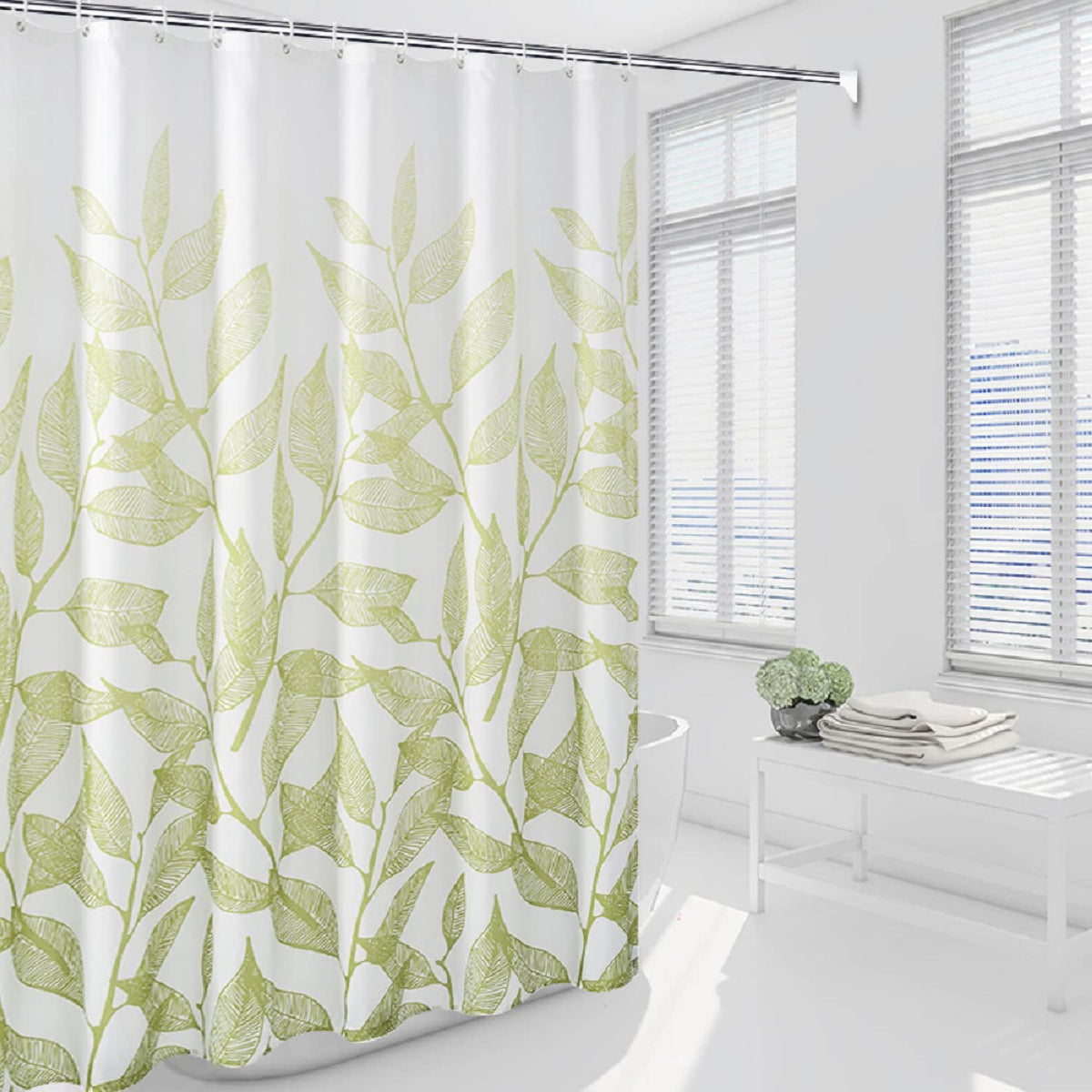 Tennove Shower Curtain 200 x 200cm Green Plants Thick Polyester Fabric Mildew Resistant Shower Curtain Liner for Bathroom Waterproof Long Bath Curtain