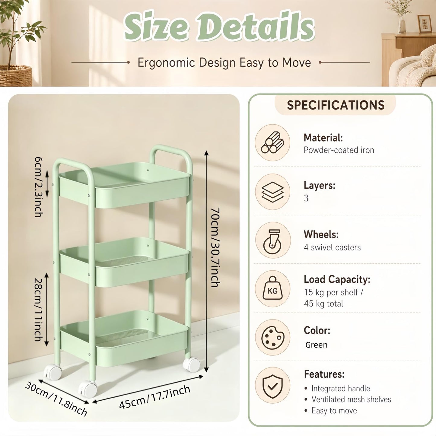 Siocok 3 Tier Metal Storage Trolley on Wheels, Storage Cart, Rolling Utility Cart, Easy Assembly for Home Kitchen, Bathroom Laundry and Office (Green)