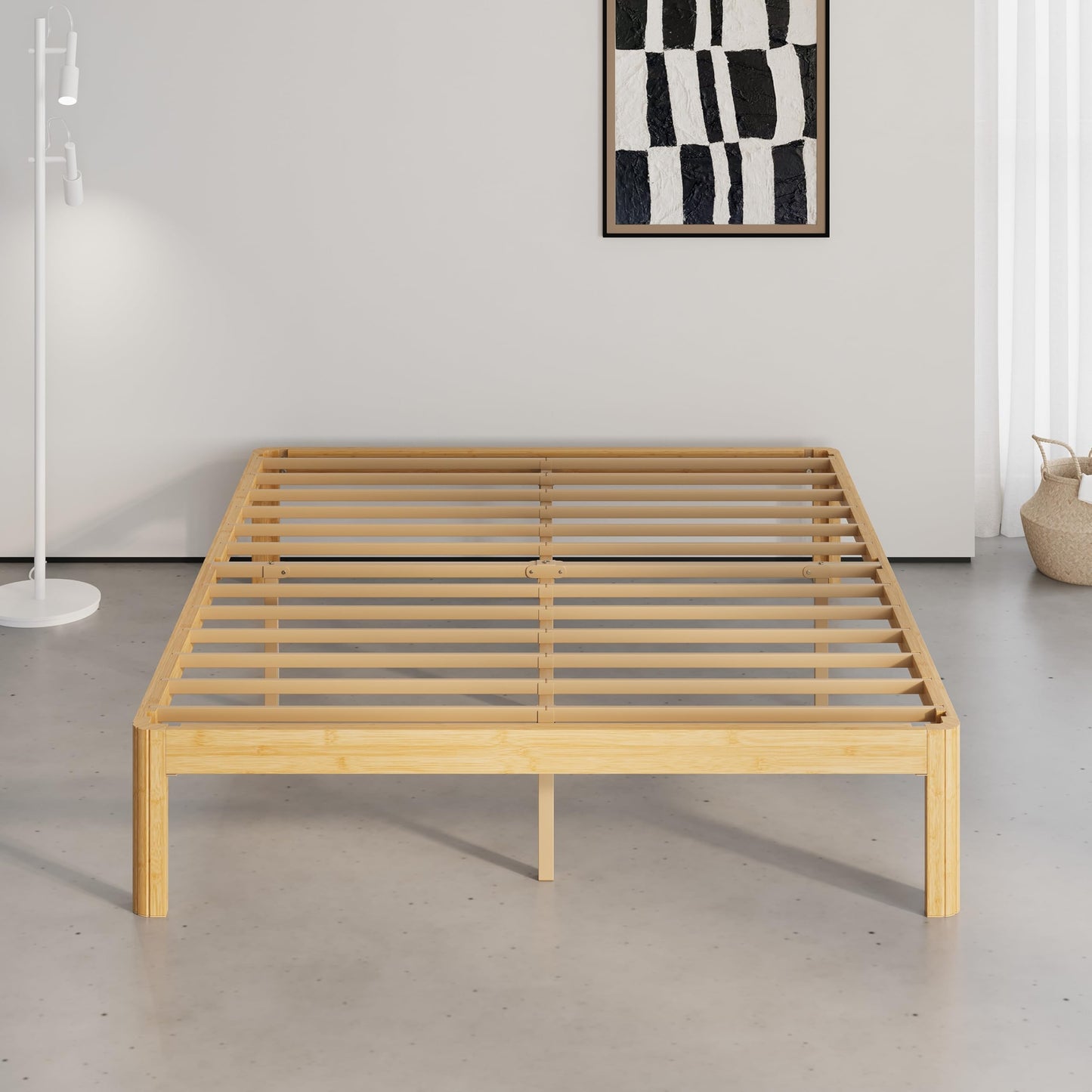 QFtime Bamboo Wood Double Bed Frame, Platform Bed Frame Double with Metal Slats Support, Easy to Install, Noise Free, Sturdy, 30.5 cm High