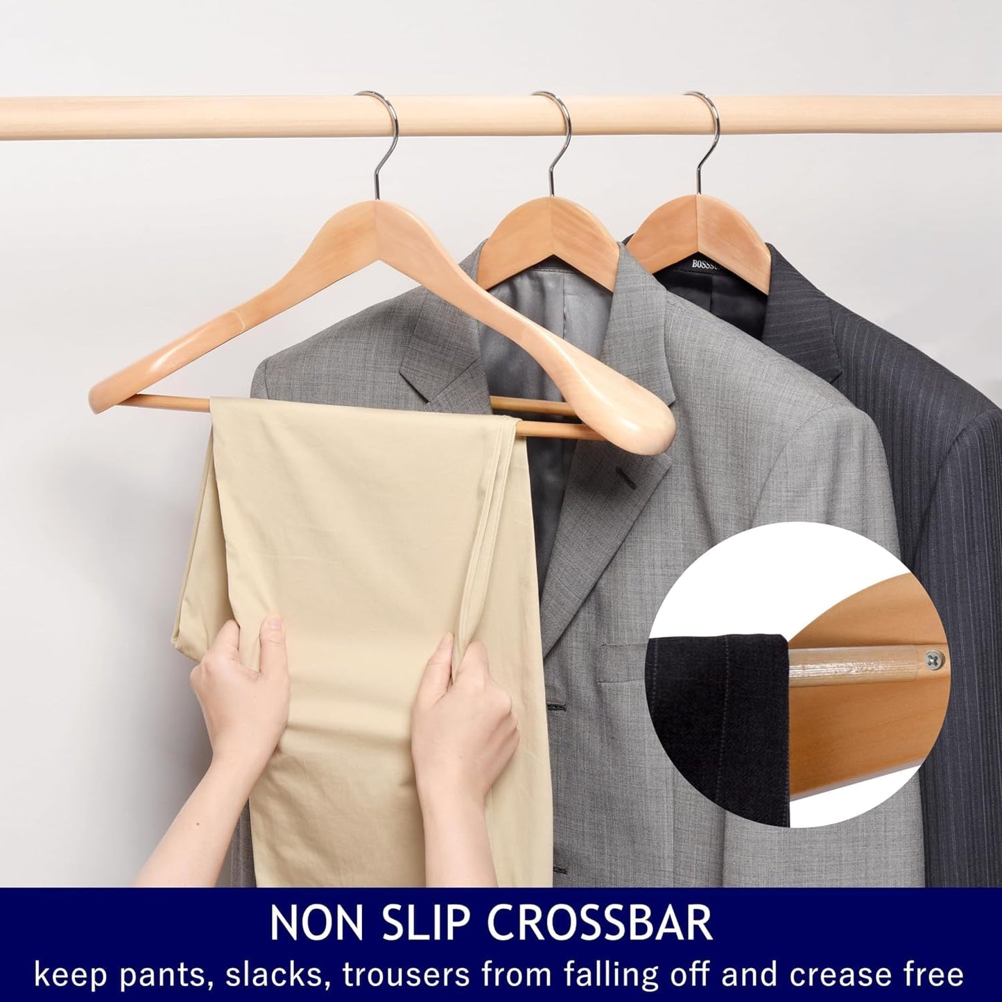 Amber Home 44.5cm Natural Wooden Suit Hangers 10pcs with Wide Shoulder, Heavy Duty Smooth Wood Coat Hanger with Non Slip Pants Bar, Solid Clothes