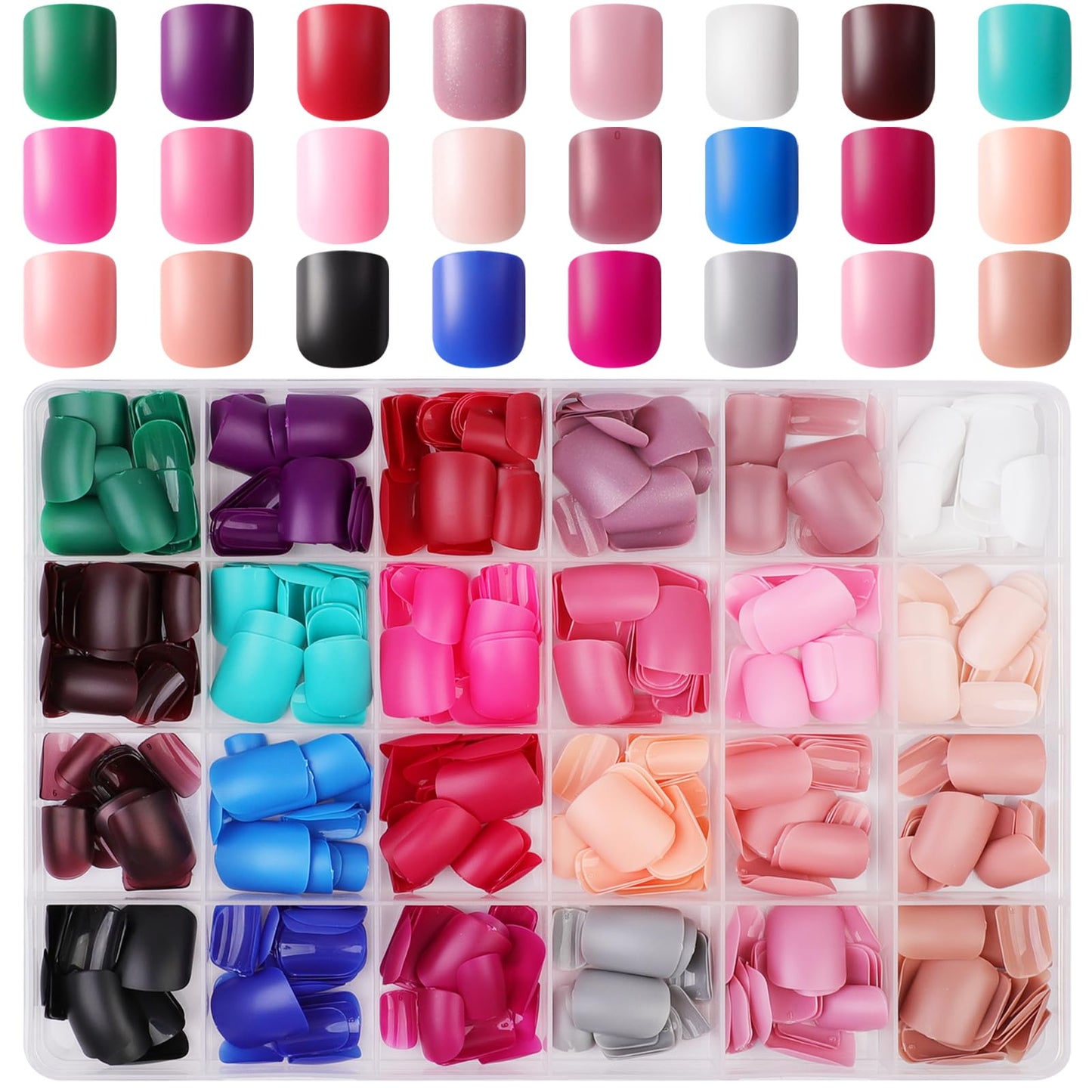JUSTOTRY 24 Packs (576 PCS) Matte Short Press on Nails Square,Coloured False Nails with Nail File,Durable Stick on Nails Short for Women and