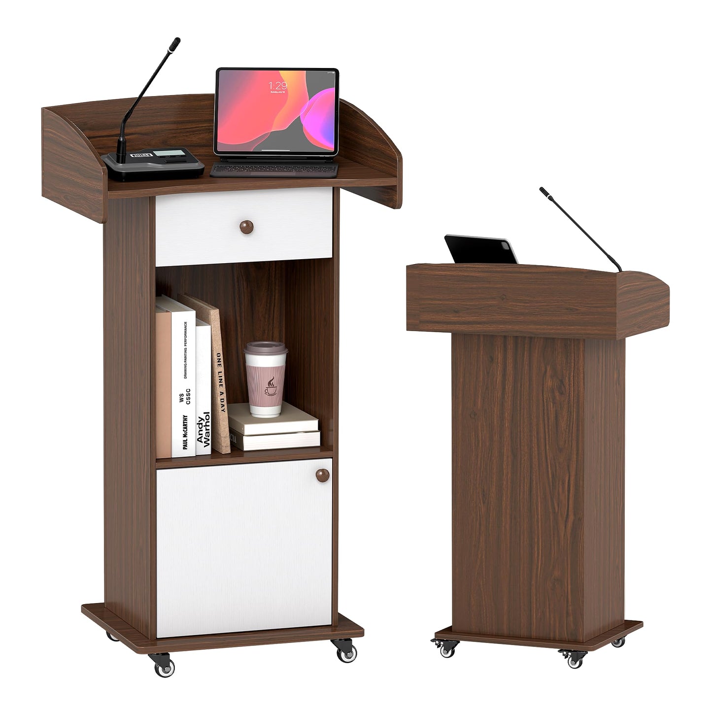 Suuiwau Podium Stand with Drawer, Storage Cabinet and Wheels