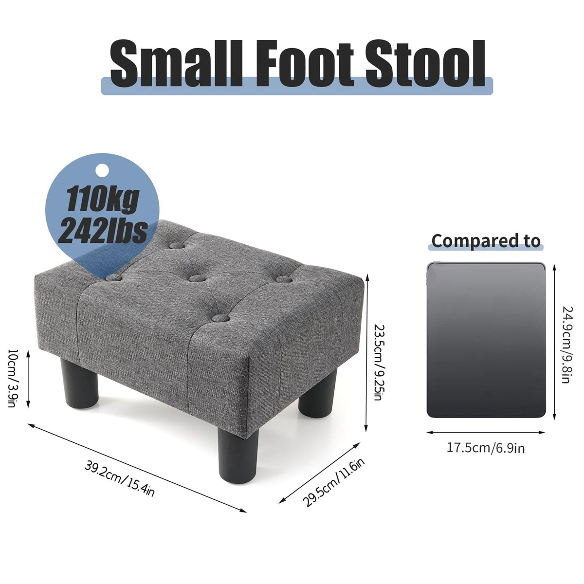 BRIAN & DANY Small Foot Stool, Linen Footstool with Legs, Footstools for Living Room, Ottoman Footrest Extra Seating for Entryway,Grey
