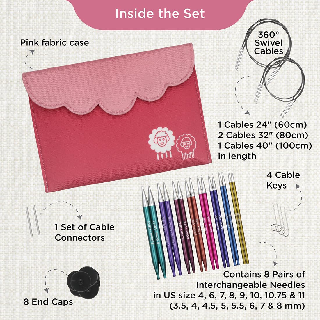 KnitPro Interchangeable Circular Knitting Needle Tips Deluxe Set, Zing, 3.50-8.00mm, 26-47424