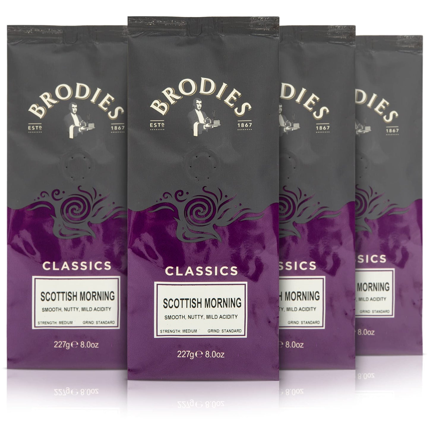 Brodies Classics Artisan Ground Coffee - Scottish Morning 100 Percent Arabica (4 Pack of 227 g) smooth, nutty, mild acidity, medium Strength, standard