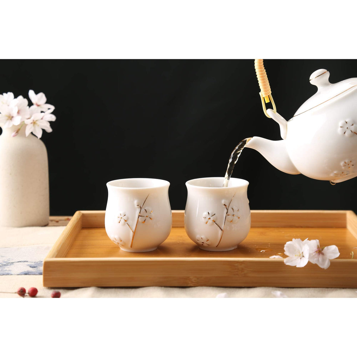 Dujust Japanese White Porcelain Tea Set - Teapot, 6 Tea Cups, Tray & Stainless Infuser - Plum in Golden