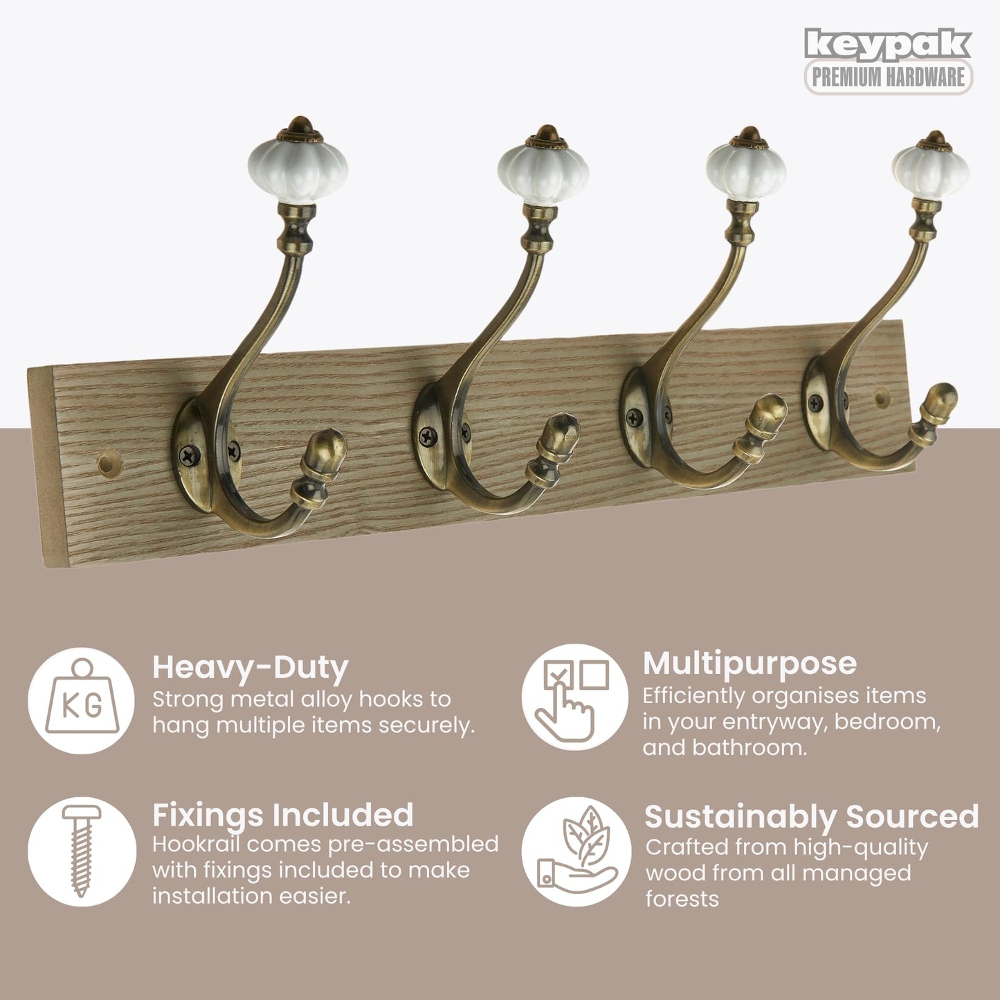 keypak Victorian Wall-Mounted Coat 4 Brass Hook 46 cm Wood Rail