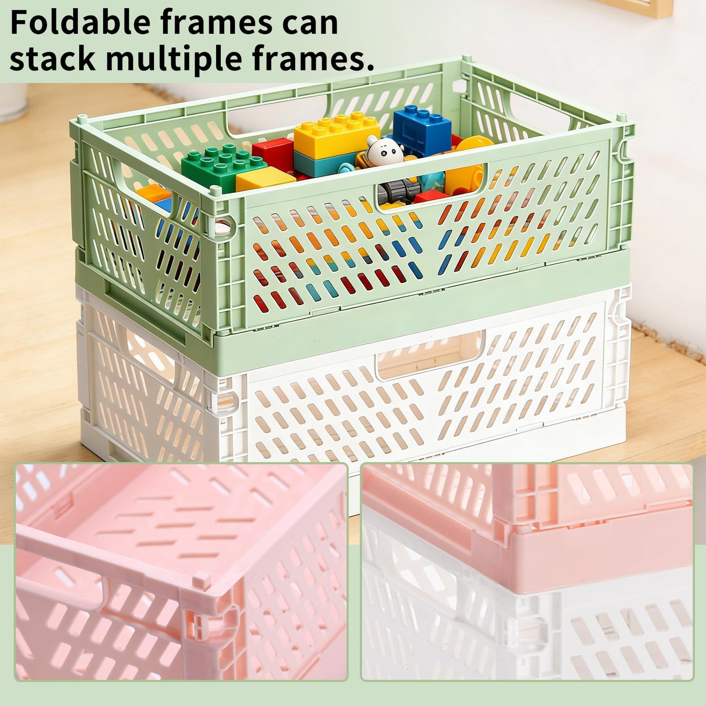 PIANKEKE 2 Pcs Collapsible Storage Box Pink, Plastic Stackable Folding Storage Crates with Handles
