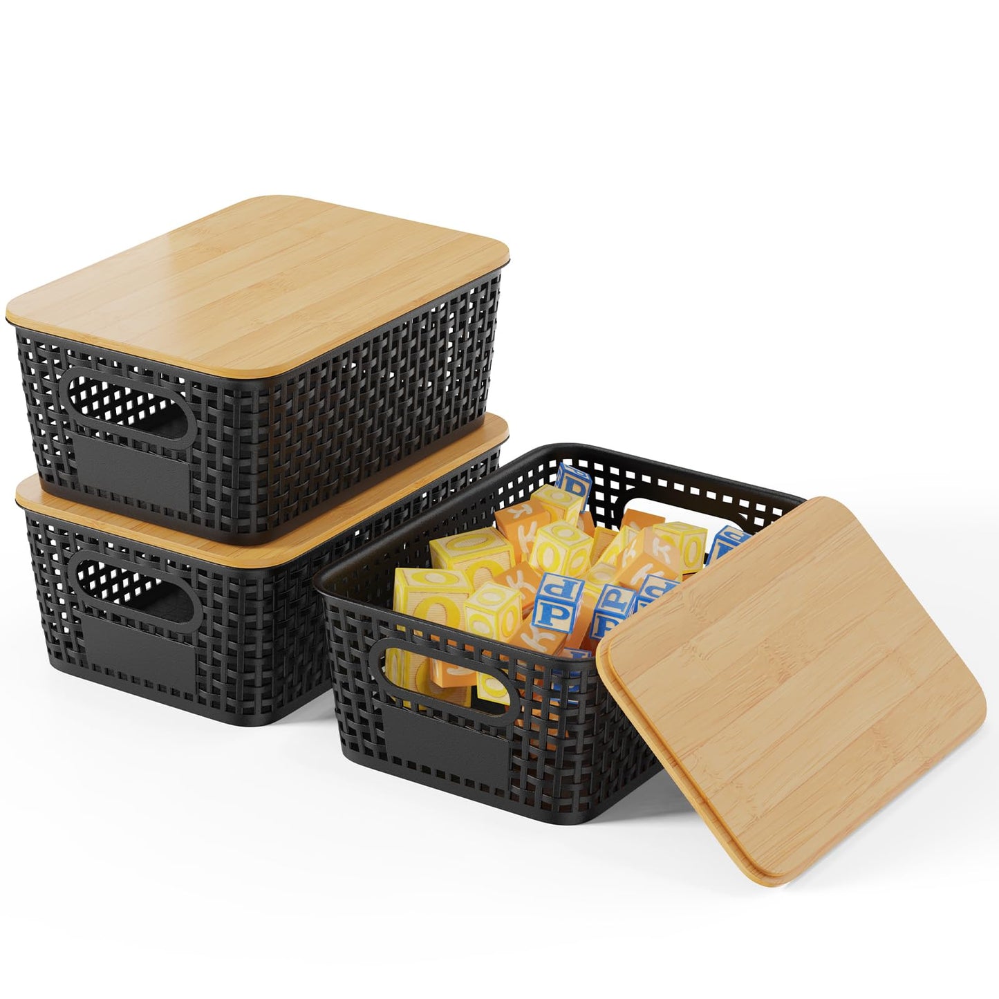Shrivee Set of 3 Black Rectangular Bamboo Lid Storage Boxes, 5L Capacity, Stackable, Ventilated, Kitchen Storage Boxes for Shelves, Cupboards, Home