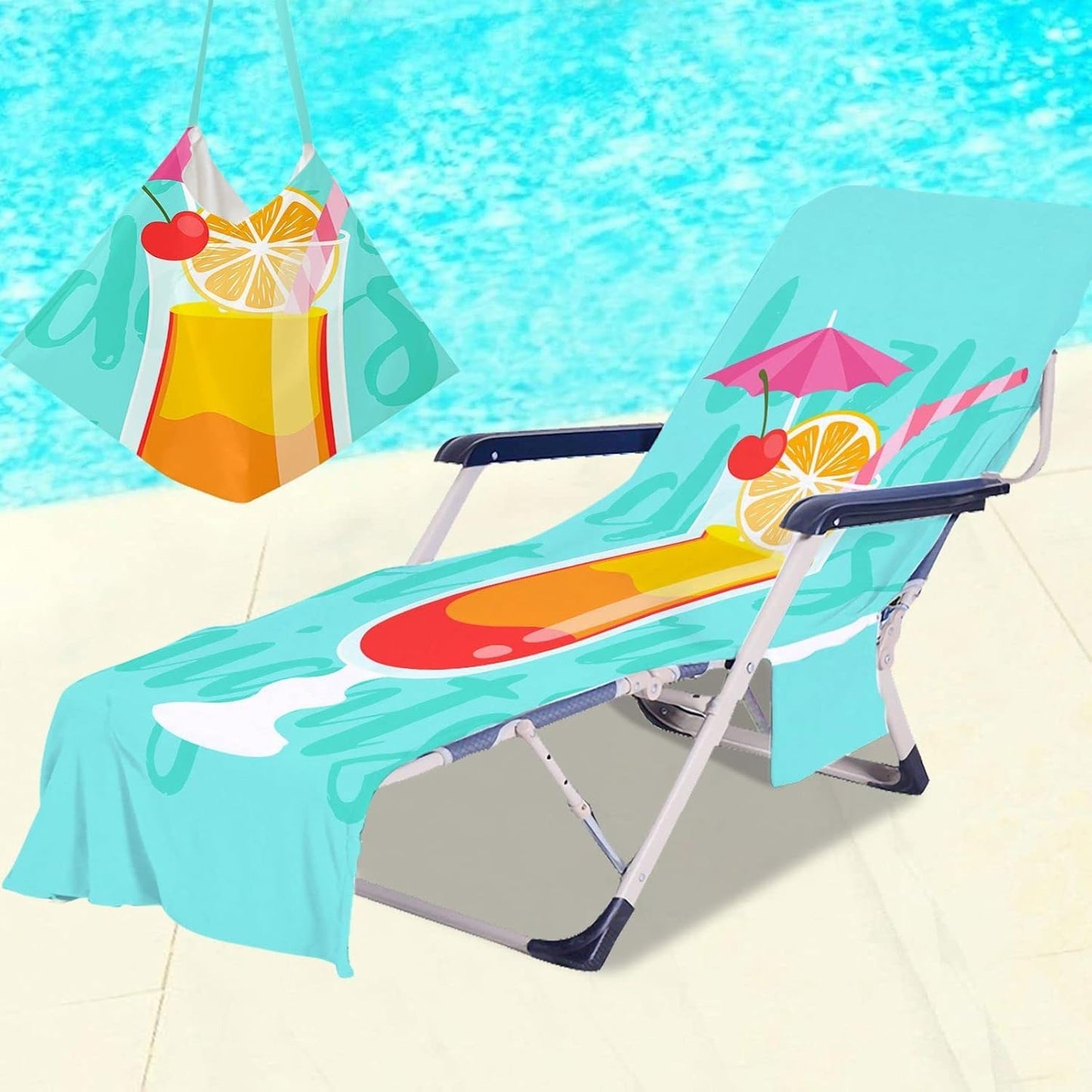 Surwin Sun Lounger Towel with Pockets, 3D Juice Print Quick Dry Beach Towel, Microfiber Sunbed Towels Travel Lounger Bag for Loungers Summer Holiday