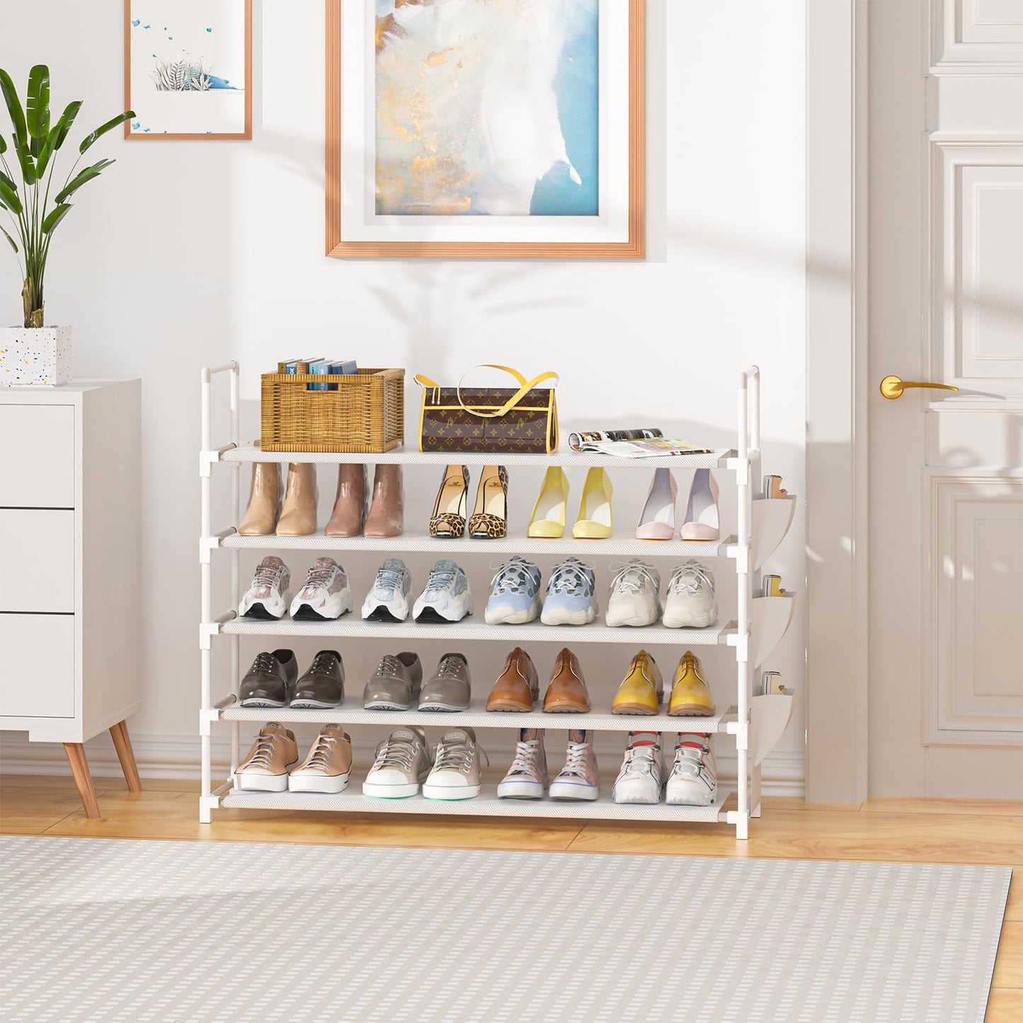 OYREL Shoe Rack 5 Tier 20-25 Pairs Shoes, Shoe Storage Large with Side Bag