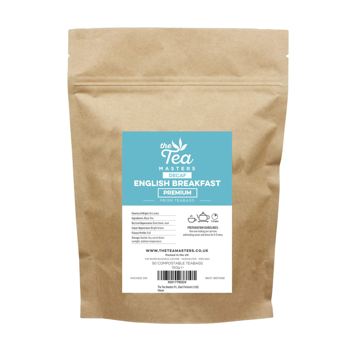The Tea Masters Prism Teabags - 50 Pcs Premium English Breakfast Decaf Tea Bags - 100% Richly Flavoured Black Tea Leaves - English Breakfast Tea Bags