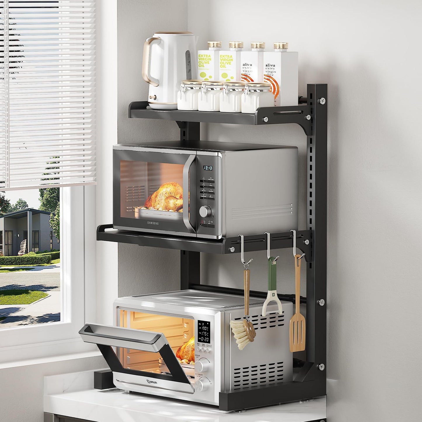 ABCOOL Retractable Adjustable 2 Axial Kitchen Baker Microwave Oven Rack, 2 Tier Expandable and Height Adjustable Carbon Steel Shelf Counter