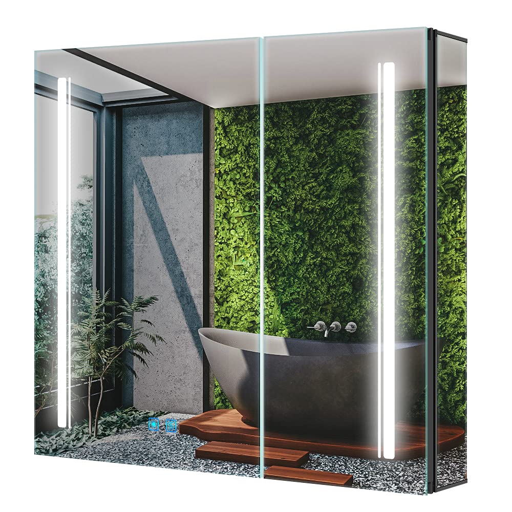 Tokvon? Cascade Bathroom Mirror Cabinet with LED Lights, Anti-Fog, Colour Changing & Touch Sensor, Aluminium Double Door, 650x600mm Dimmable, Shaver