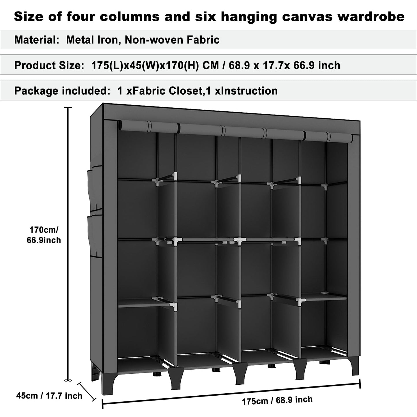 OPPAIYA Extra Large Canvas Wardrobe with 6 Hanging Rails, Portable Fabric Bedroom Wardrobes with 8 Shelves & 8 Side Pockets