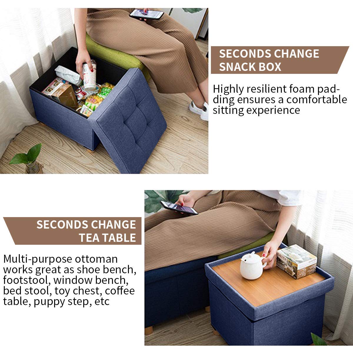 BRIAN & DANY Folding Ottoman Storage Box with Wood Legs, Linen Foot Stool, Footstool with Storage, Highly Elastic Sponge Filling, Navy Blue, 38 x 38 x