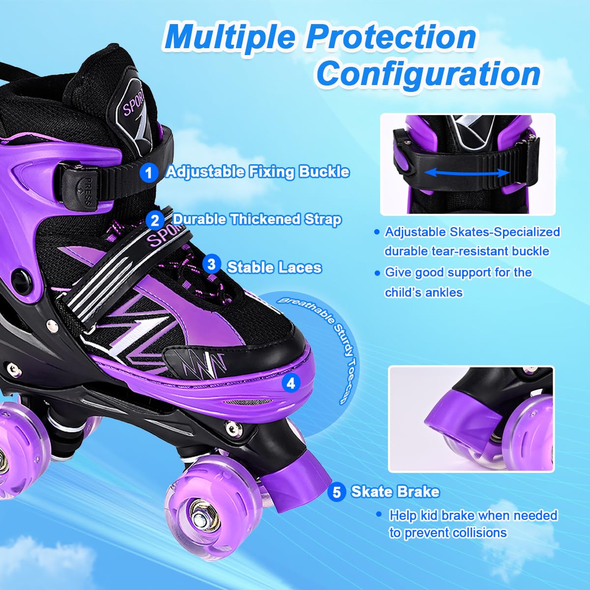 Kids Girls Boys Roller Skates For Toddler Children Beginner, 4 Sizes Adjustable Kids Roller Skates with Light Up Wheels