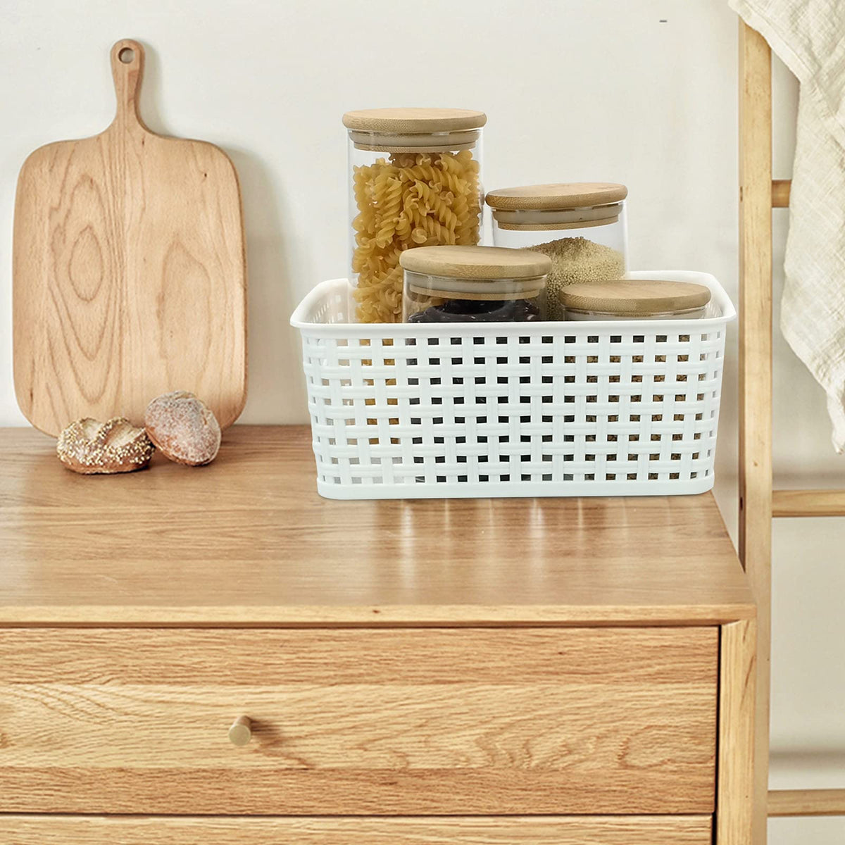 Vcansay Plastic Storage Basket, Woven Plastic Basket, White, 6 Packs