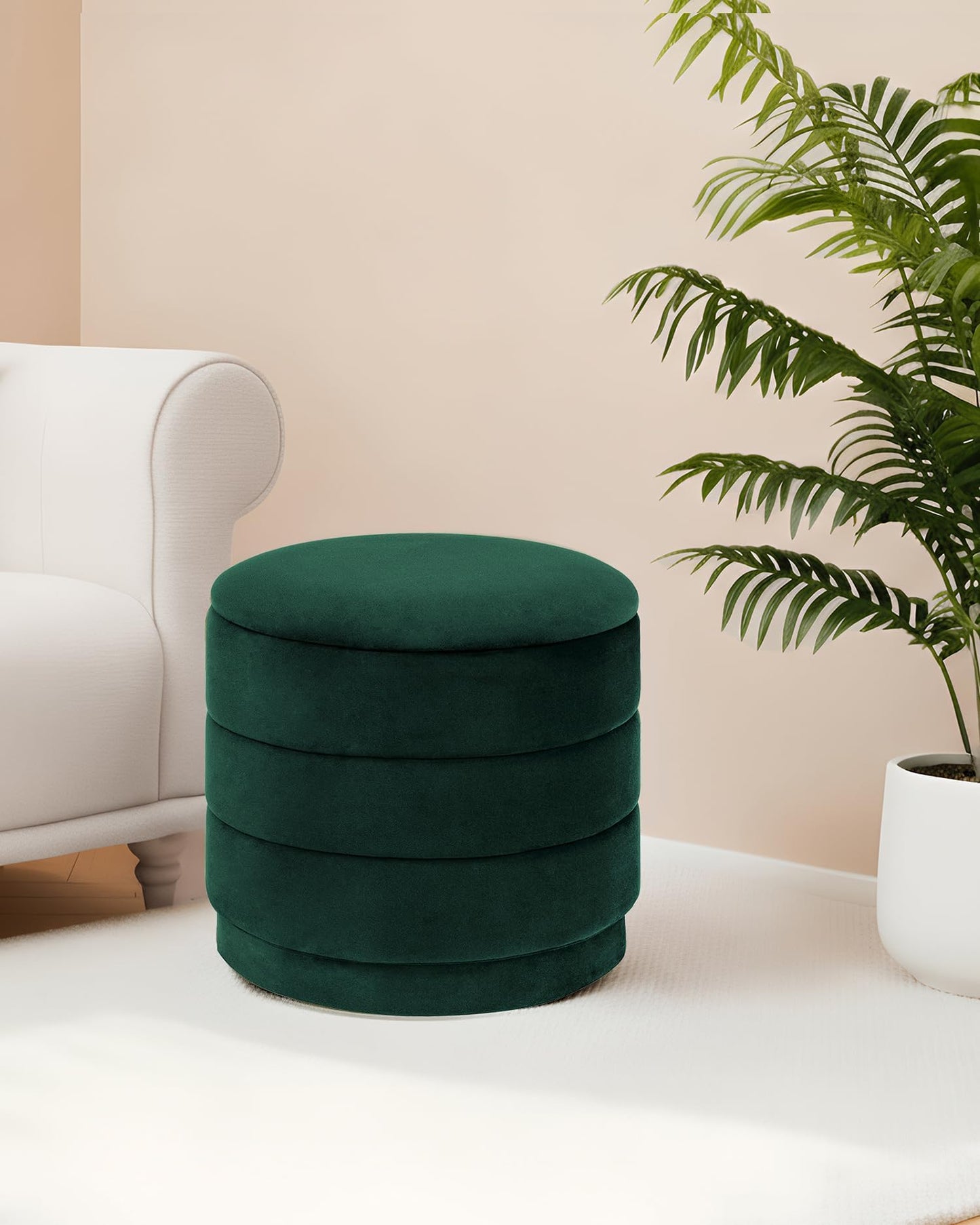 Bonlife Storage Ottoman Round - Folding Foot Rest with Hidden Storage, Bottle Green Velvet 39x39x37cm for Living Room, Bedroom & Hallway
