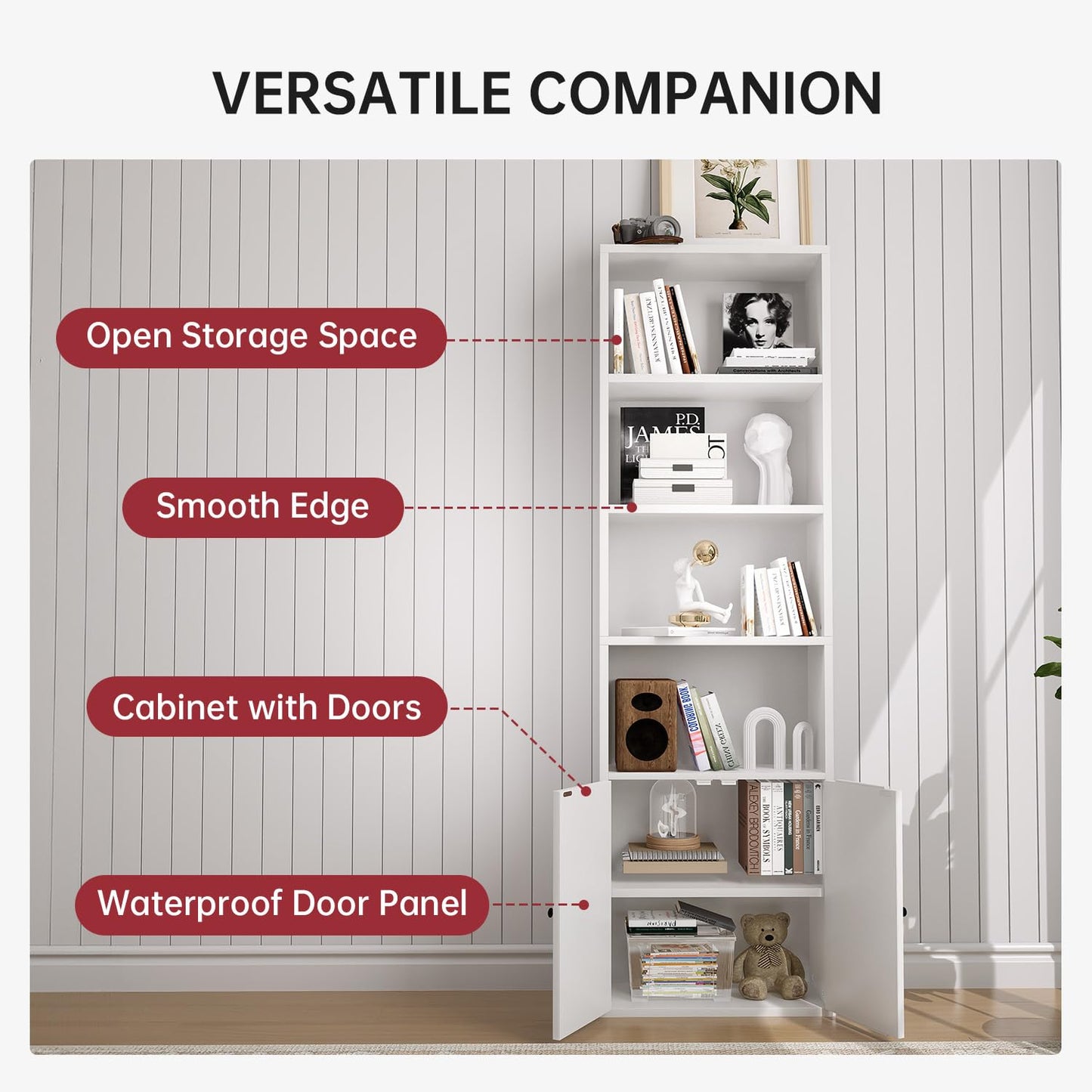 oneinmil Tall Bookshelf, 6 Tier Bookcase with Cabinet Doors, Modern Bookshelves Display Rack, Storage Cabinet for Home, Office, Living Room, White
