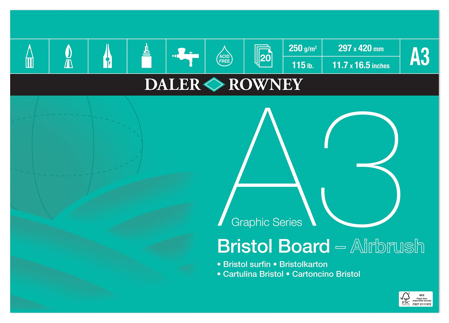 Daler-Rowney Graphic Series Smooth Surface 250gsm A3 Bristol Board Pad, Glued 1 Sid, Acid-free, 20 White Sheets, Ideal for Professional Artists &