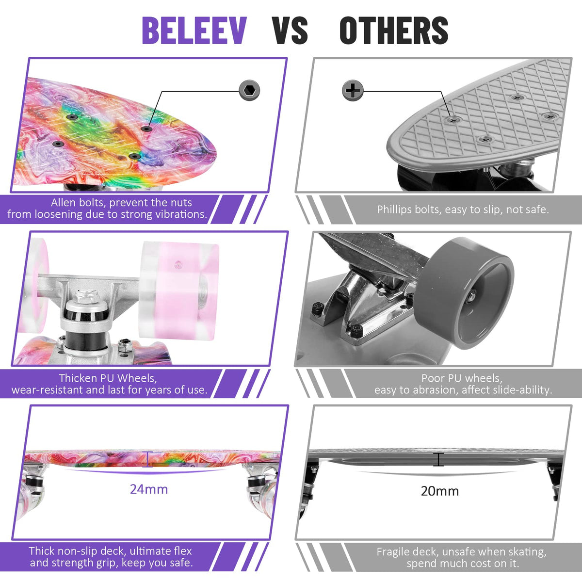 BELEEV 22 inch Skateboards for Kids, Cruiser Skateboard for Girls Boys Teens Adults Beginners, LED Light up Wheels, Mini Skateboards Classic Complete